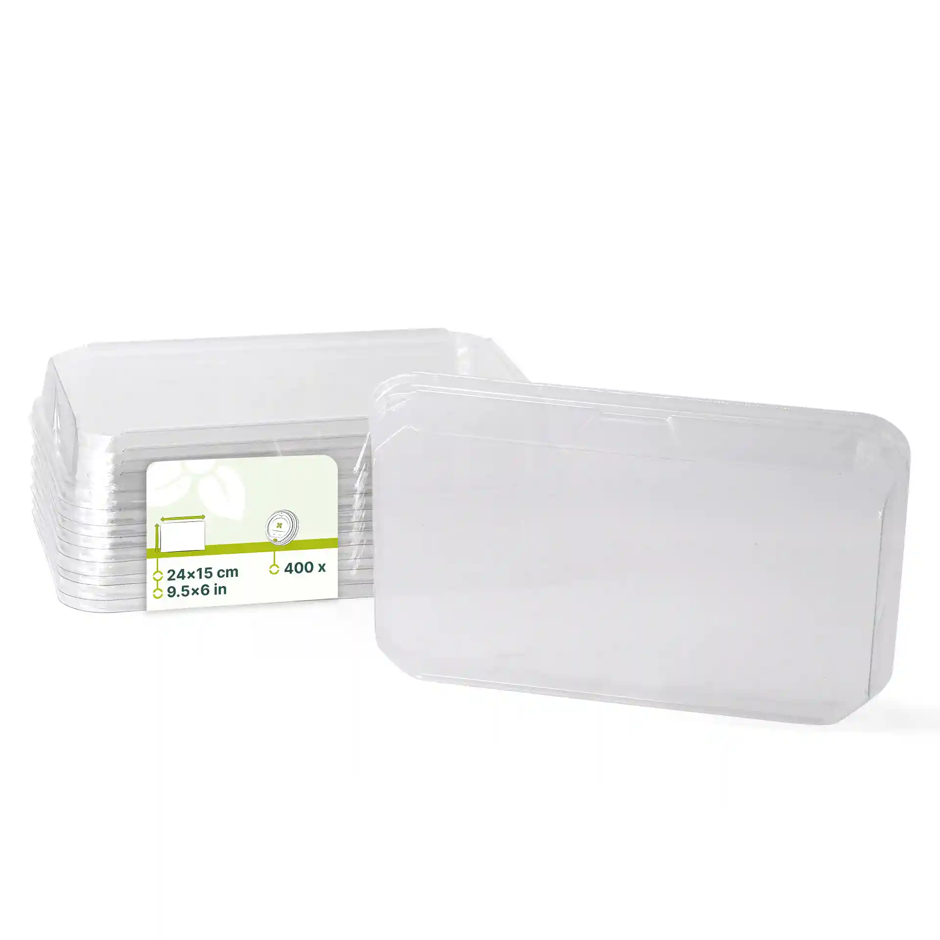 Transparent PET lids for sushi boxes, measuring 24 x 15 cm, with a stack of multiple lids shown.