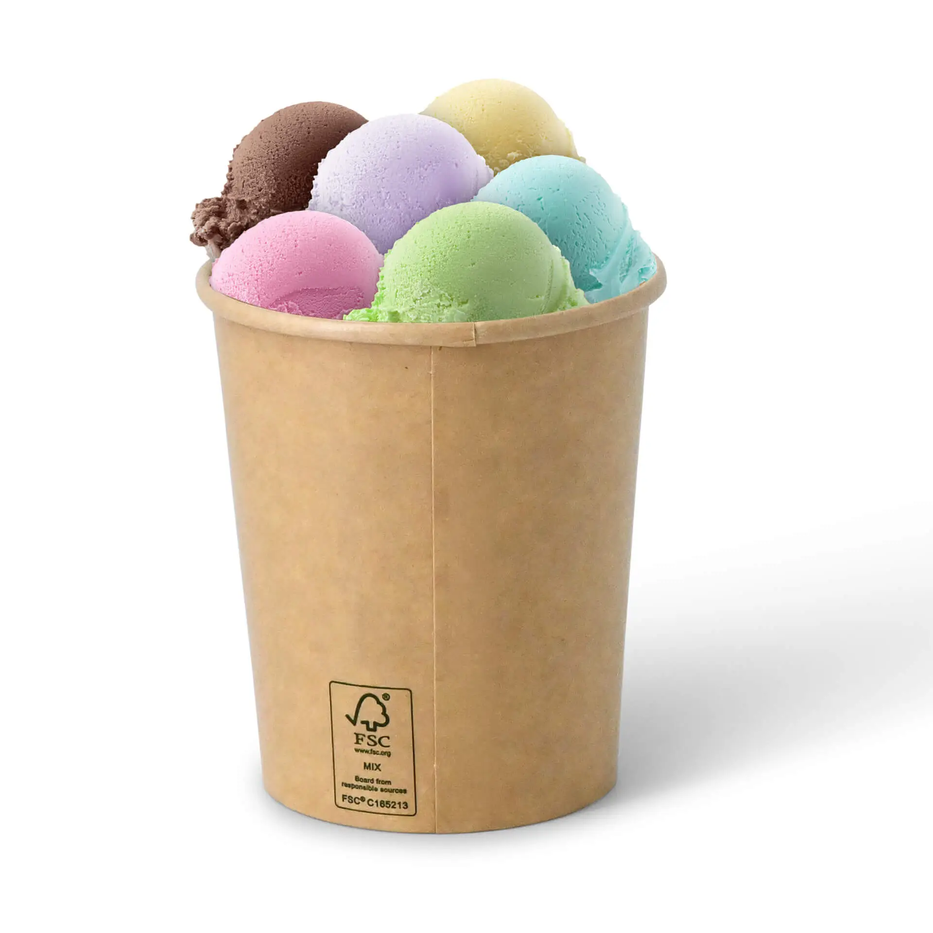 Round brown paper ice cream cup filled with multiple scoops of ice cream in various colors.