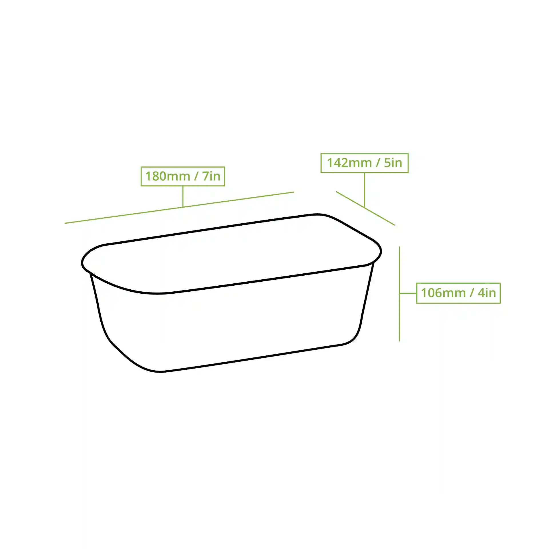 Schematic drawing of a rectangular container with dimensions labeled: 180mm length, 142mm width, and 106mm height.