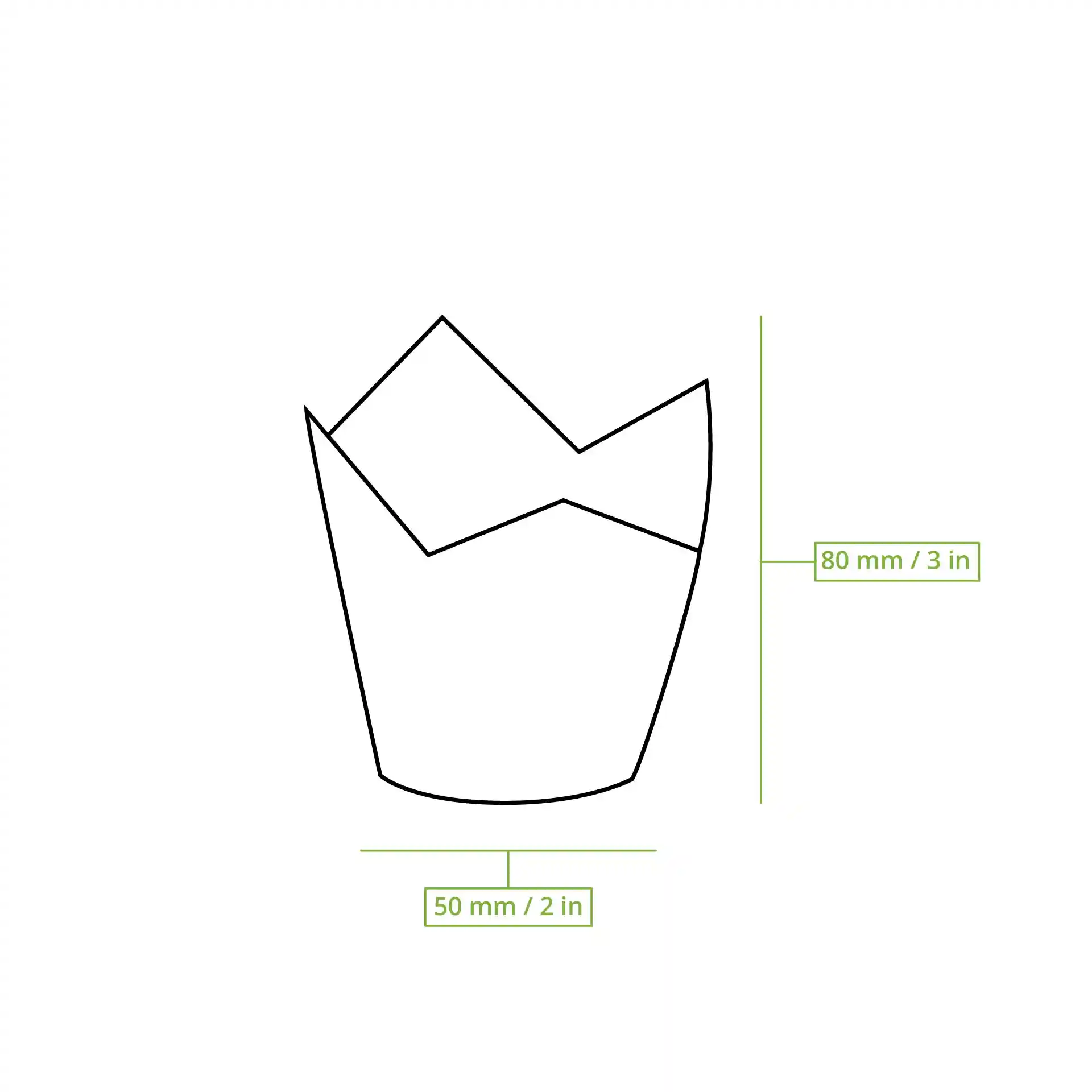 Schematic drawing of a brown paper muffin cup with dimensions 80 mm height and 50 mm diameter.