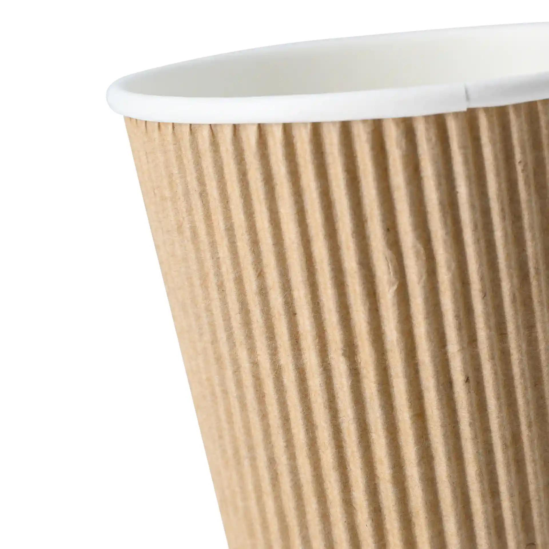 Brown ripple coffee cup with a white inner lining, showing ridged texture and round shape.