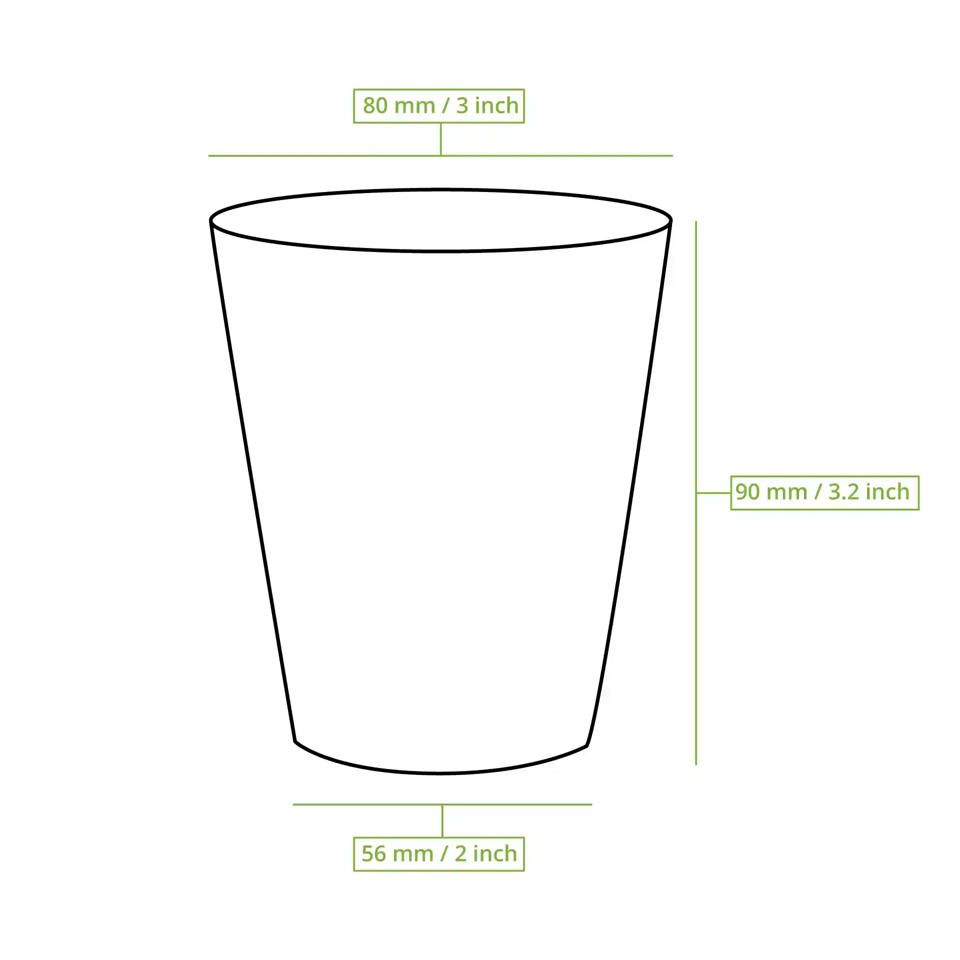 Schematic drawing of a brown paper cup with dimensions: height 90 mm, top diameter 80 mm, bottom diameter 56 mm.