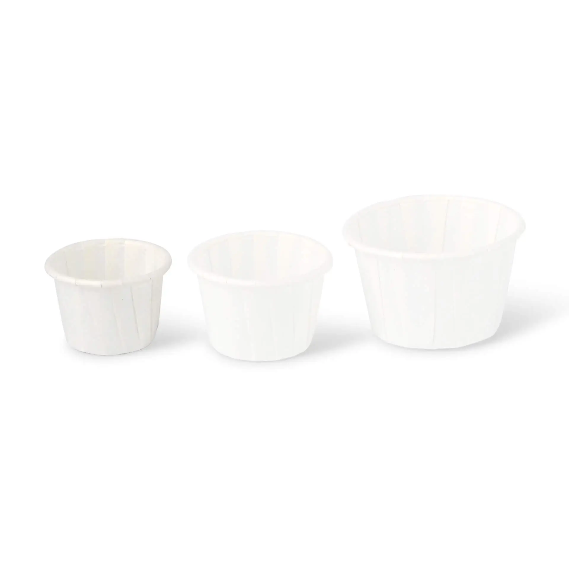 Set of three white paper cups in varying sizes for dips or sauces, made from biodegradable grease-resistant paper.