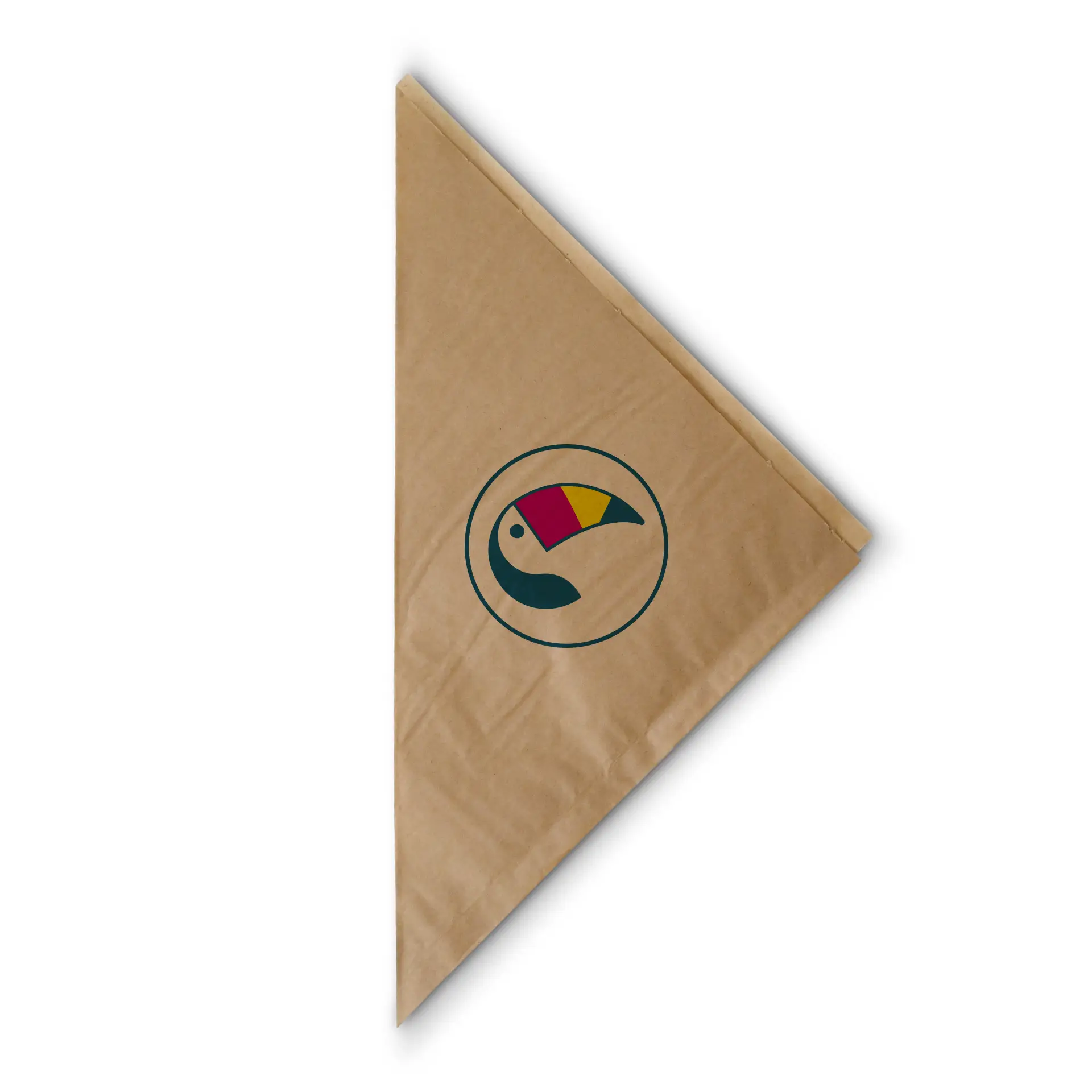 Brown paper cone bag with a circular logo featuring a stylized toucan; suitable for fries and snacks.