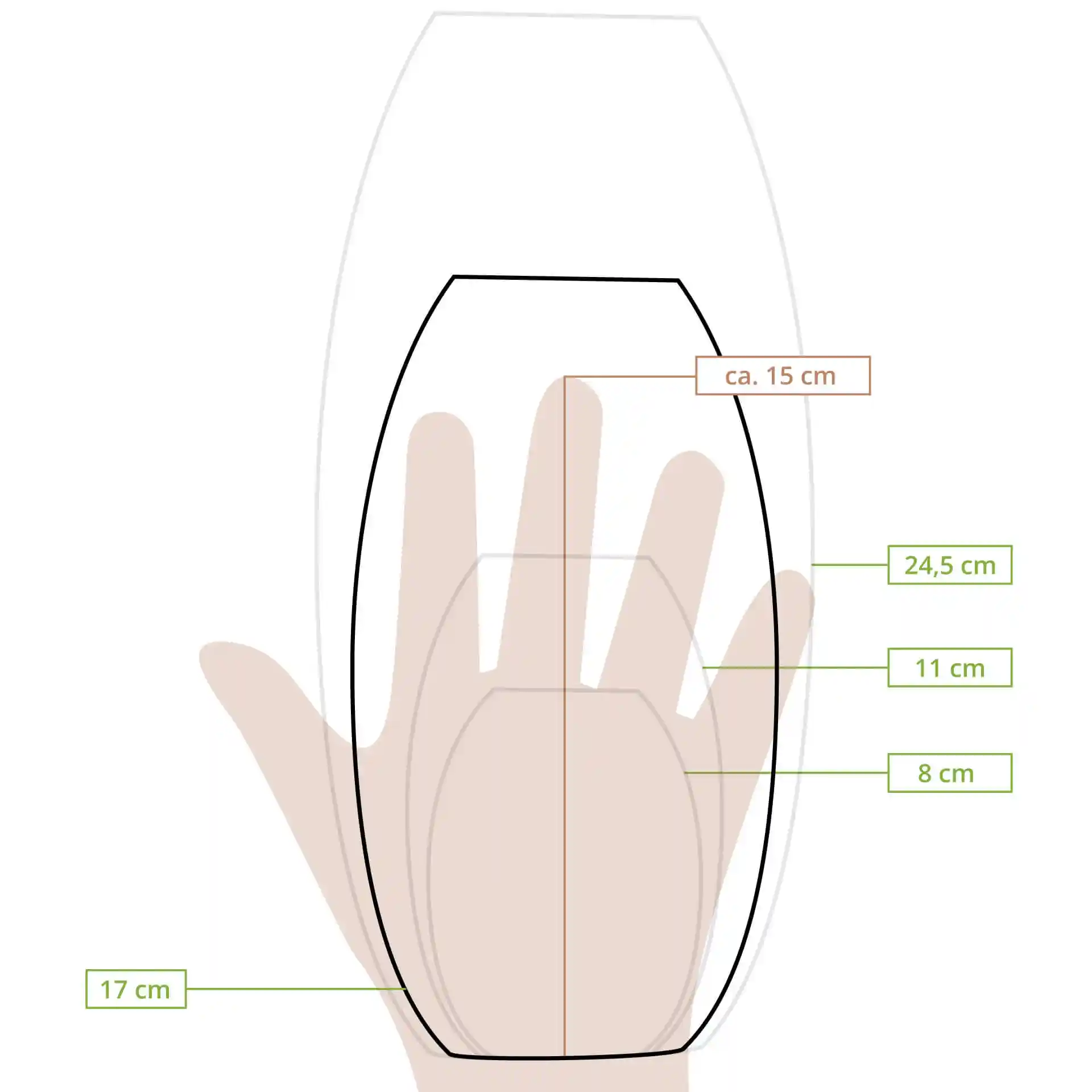 Schematic drawing of a boat-shaped object with dimension lines indicating 24.5 cm height, 15 cm width, and 17 cm depth.