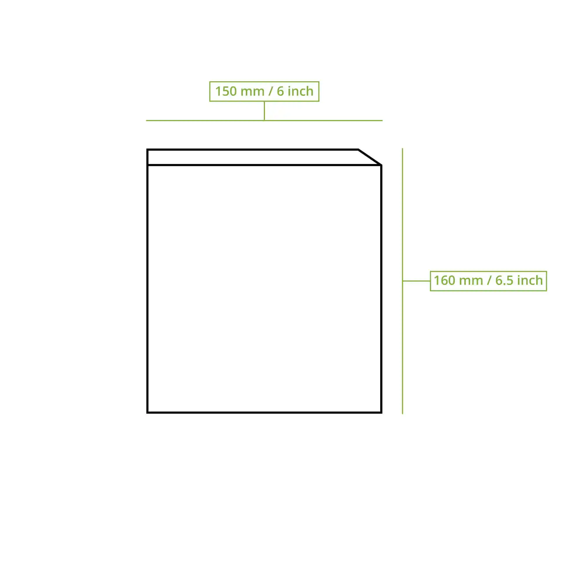 Schematic drawing of a paper snack bag with dimensions labeled as 150 mm and 160 mm.
