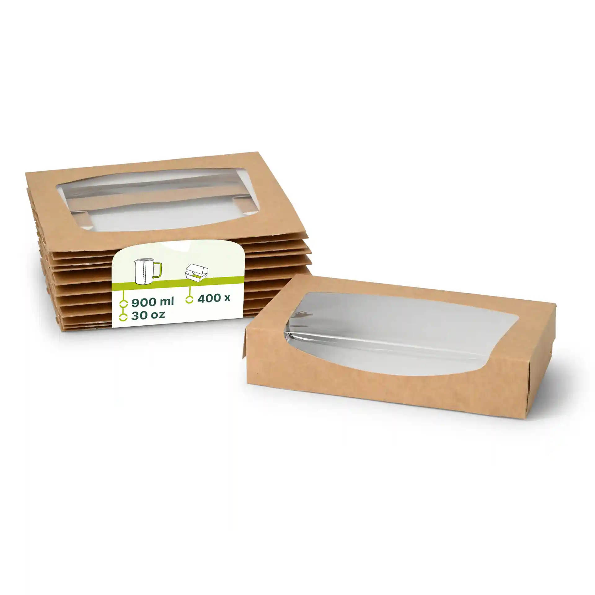 Brown cardboard window boxes with a clear plastic top, measuring 20 x 12 x 4 cm, stacked with one box in front.