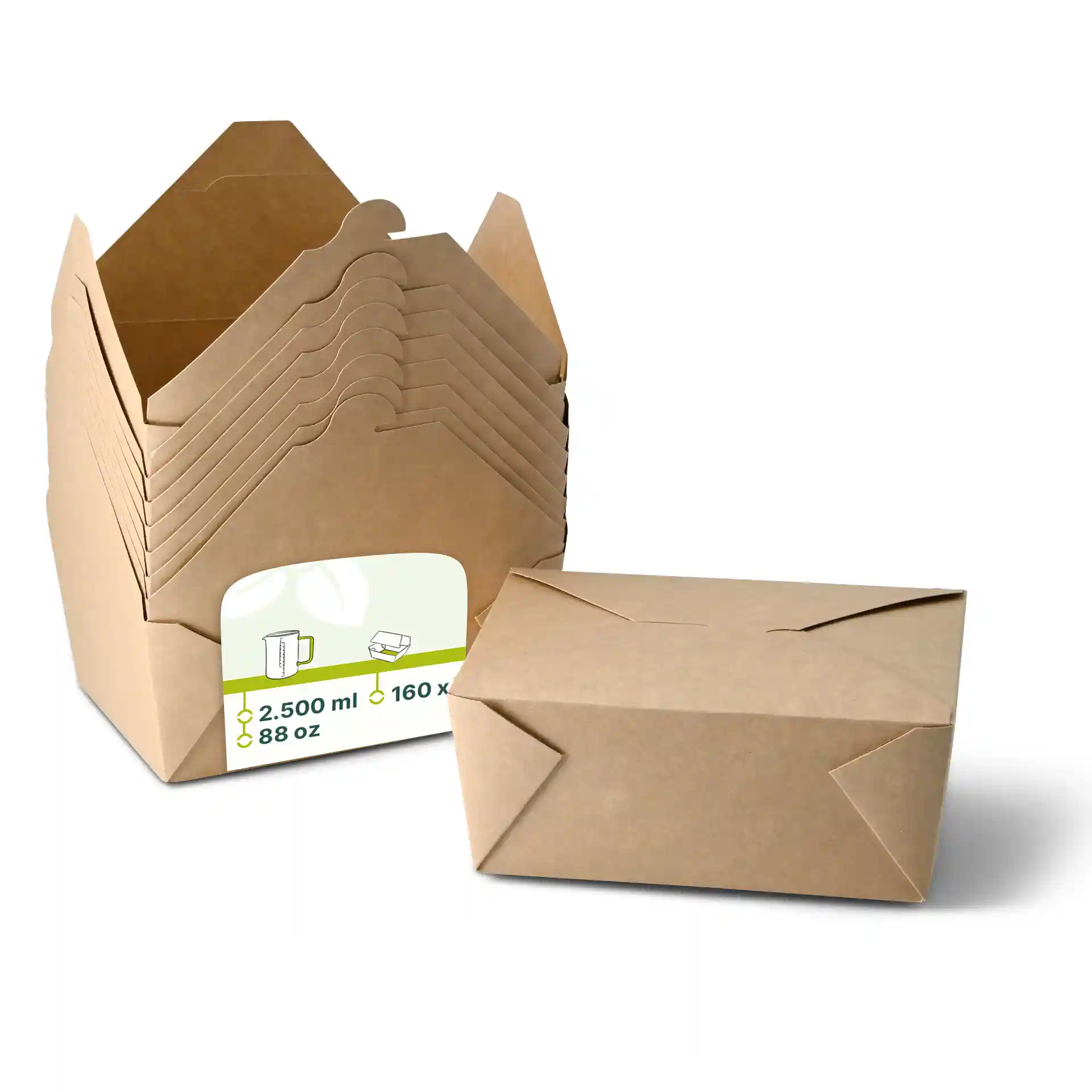 Brown cardboard take-away boxes stacked with one box in front, showing a label with volume and quantity details.