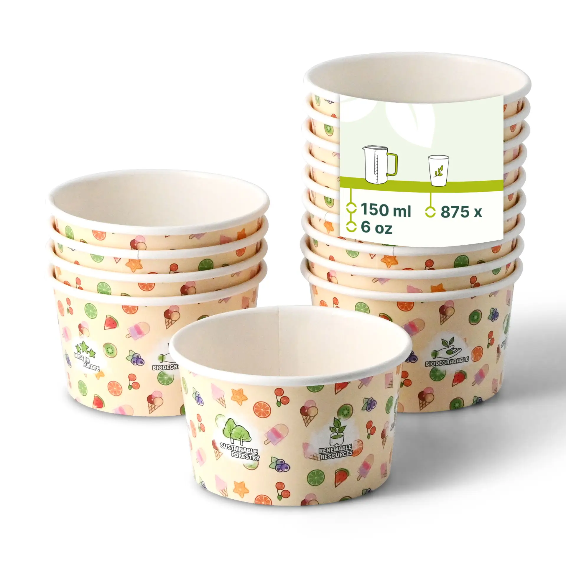One biodegradable paper ice cream cup with colorful motifs; multiple similar cups stacked behind with reduced opacity.