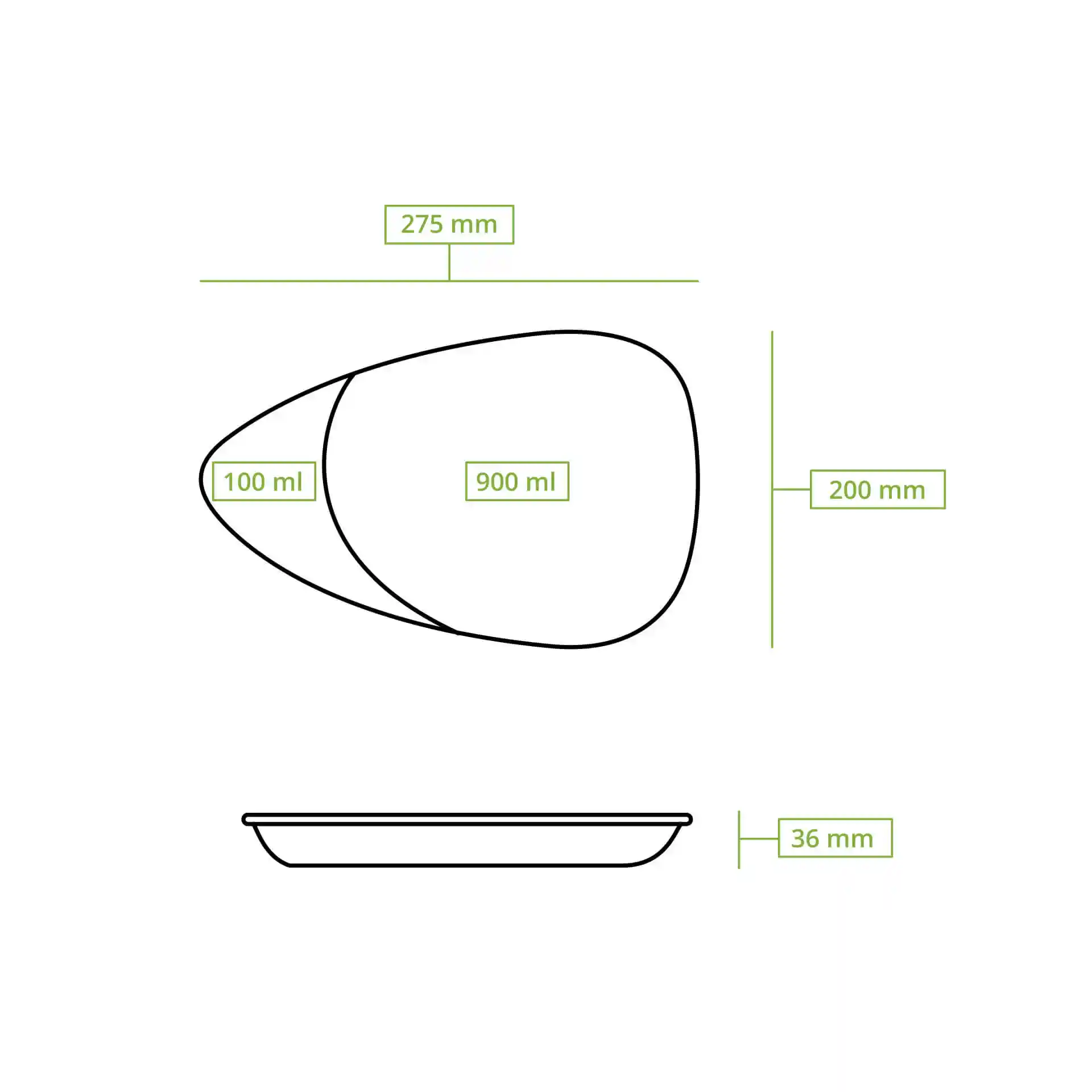 Schematic drawing of a divided plate with dimensions: 275 mm length, 200 mm width, and 36 mm height, showing two compartments.