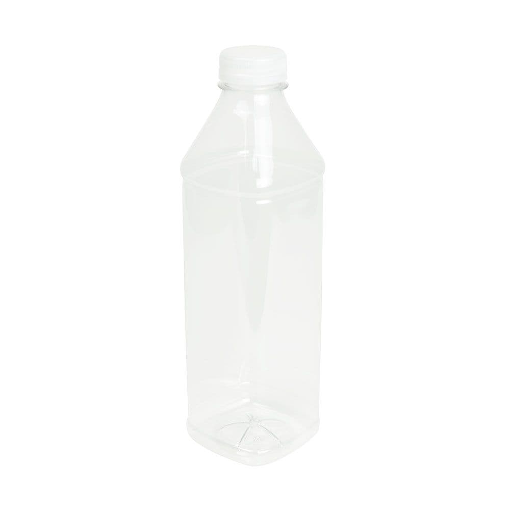 rPET-Flaschen 500 ml, eckig, klar, Deckel weiß