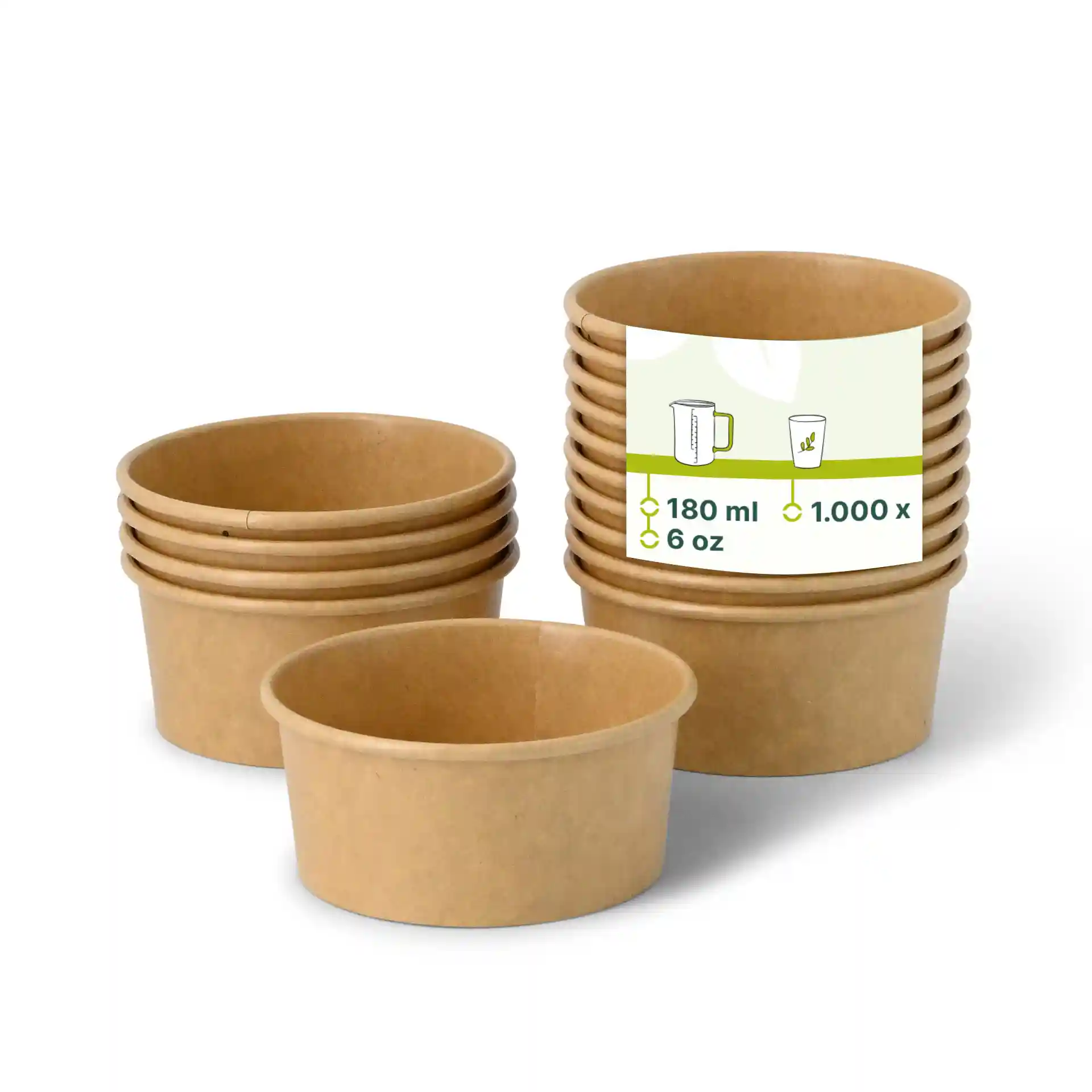 Brown paper ice cream cups stacked with one cup in front, showing a label with markings and dimensions.
