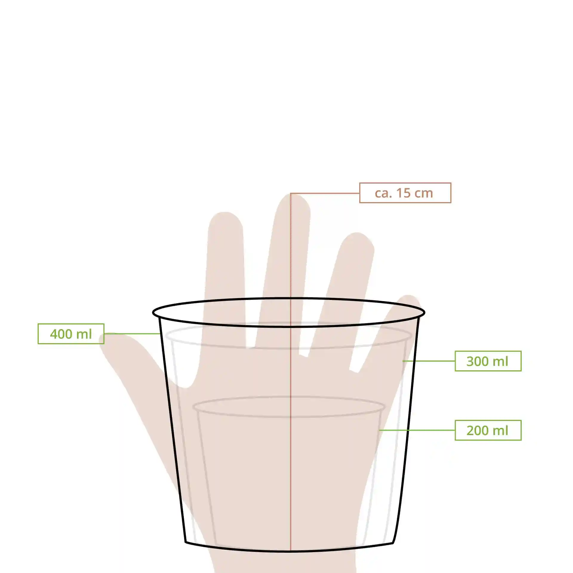 Schematic drawing of a brown cardboard soup cup with measurement lines indicating 200 ml, 300 ml, and 400 ml fill levels.