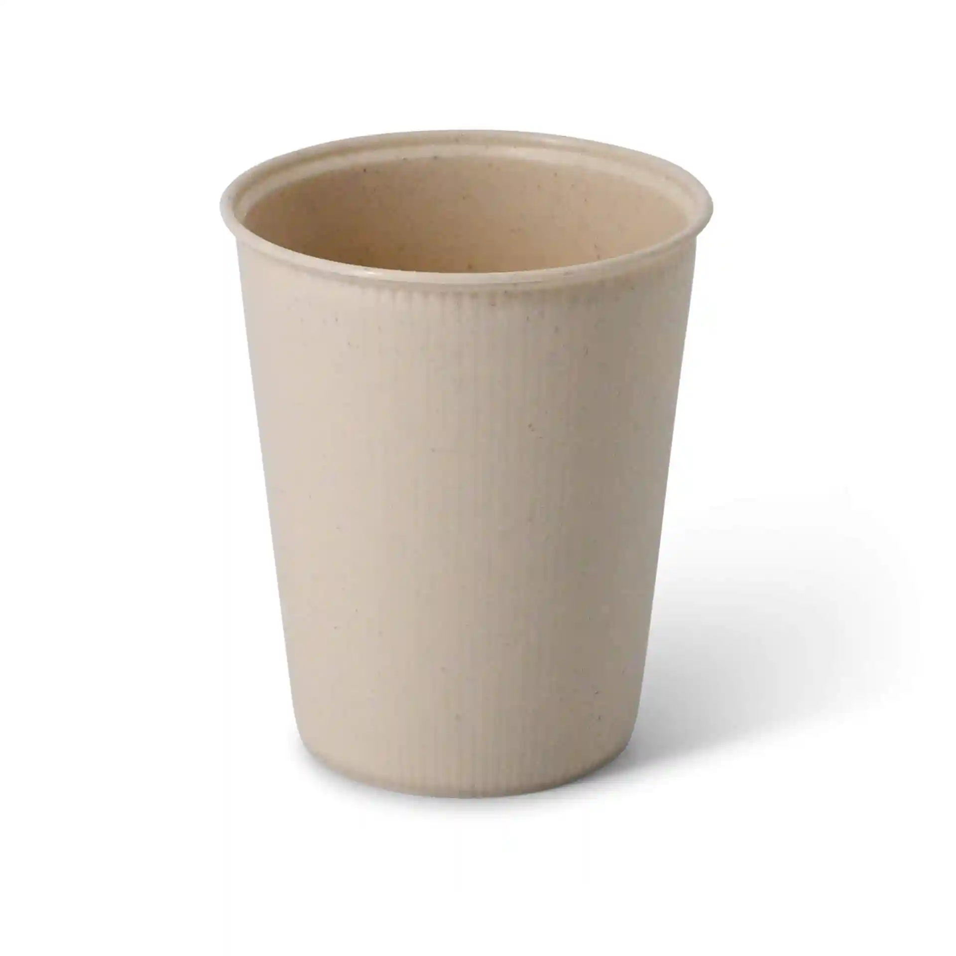 Cream white reusable coffee cup with ribbed texture, 11 oz capacity, and a diameter of 80 mm.