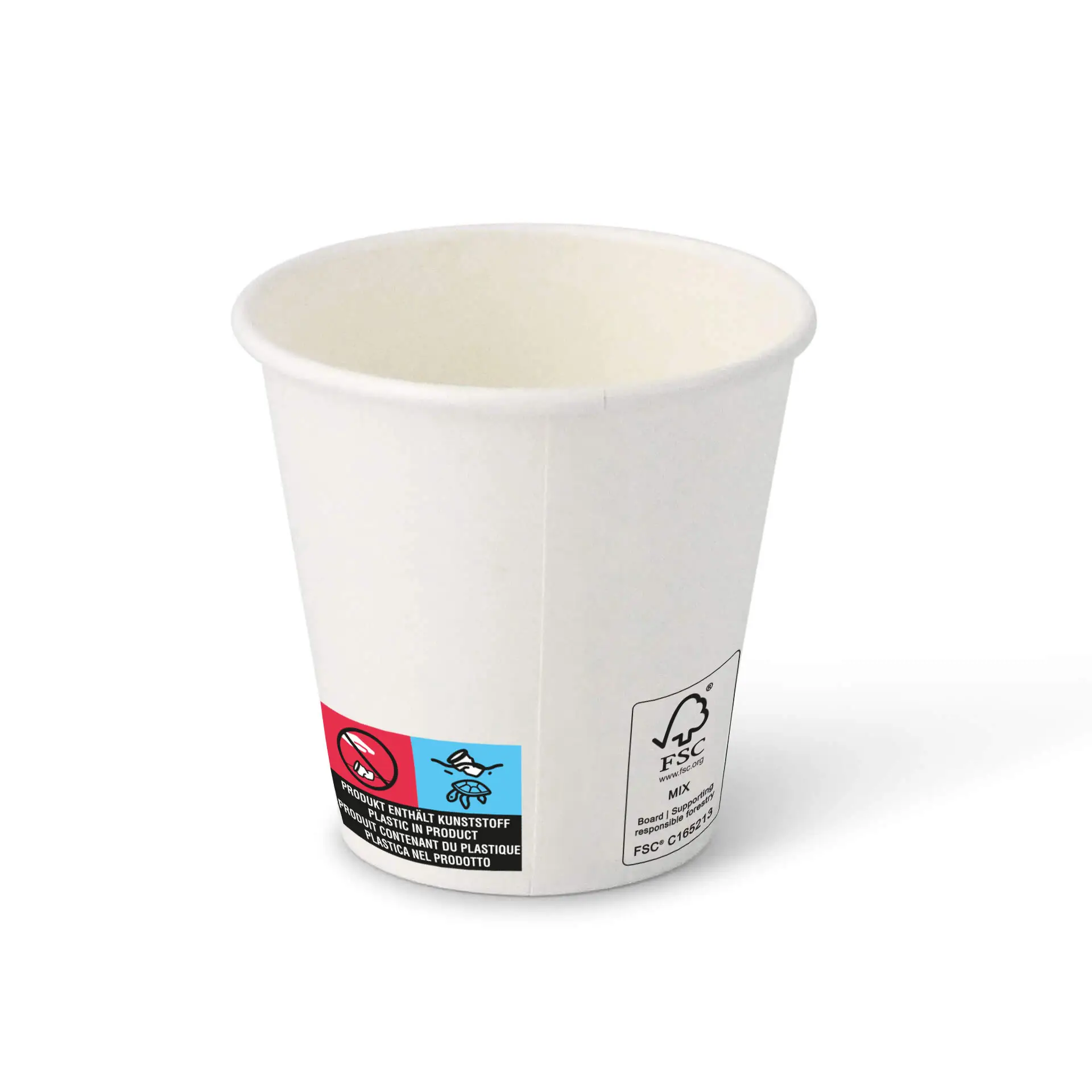 White paper cup with a round shape, 80 mm diameter, and visible labels on the side.