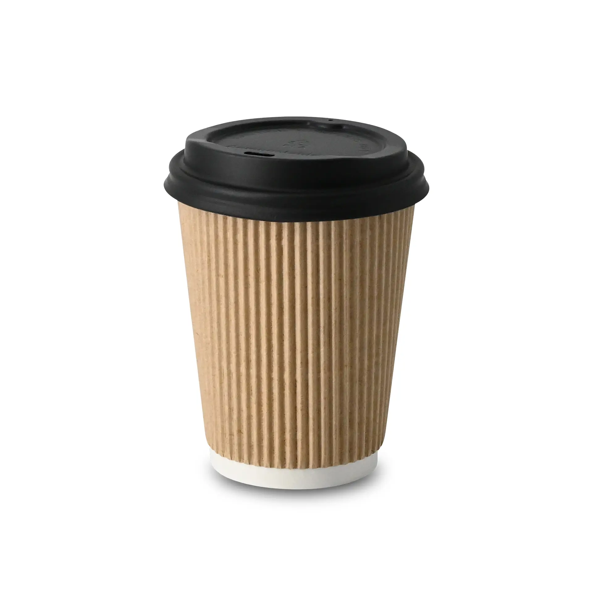 A 12 oz brown ripple paper cup with a black lid, designed for hot drinks, featuring a PLA inner coating.