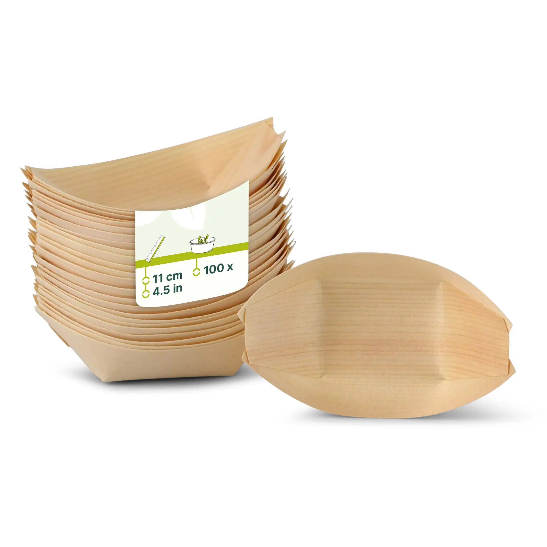 Stack of wooden boat-shaped containers, 11 cm long, with one container in front showing a label.