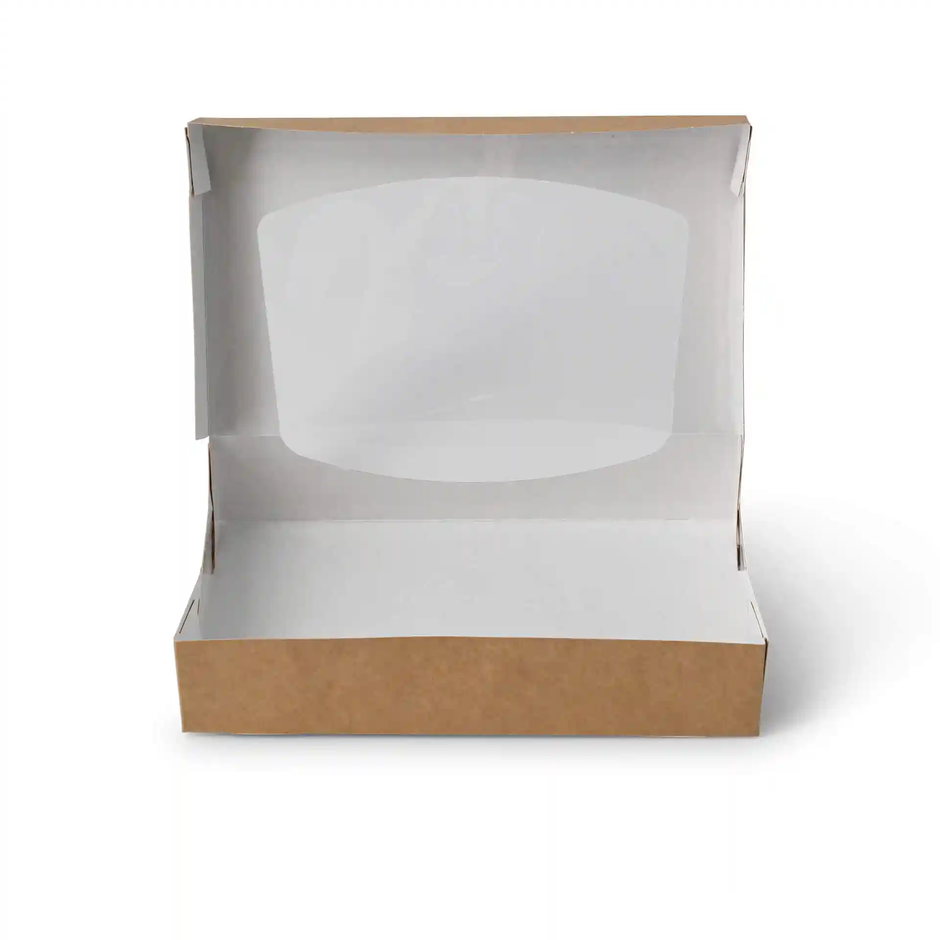 Brown cardboard window box with a white interior, measuring 20 x 12 x 4 cm, open and empty.