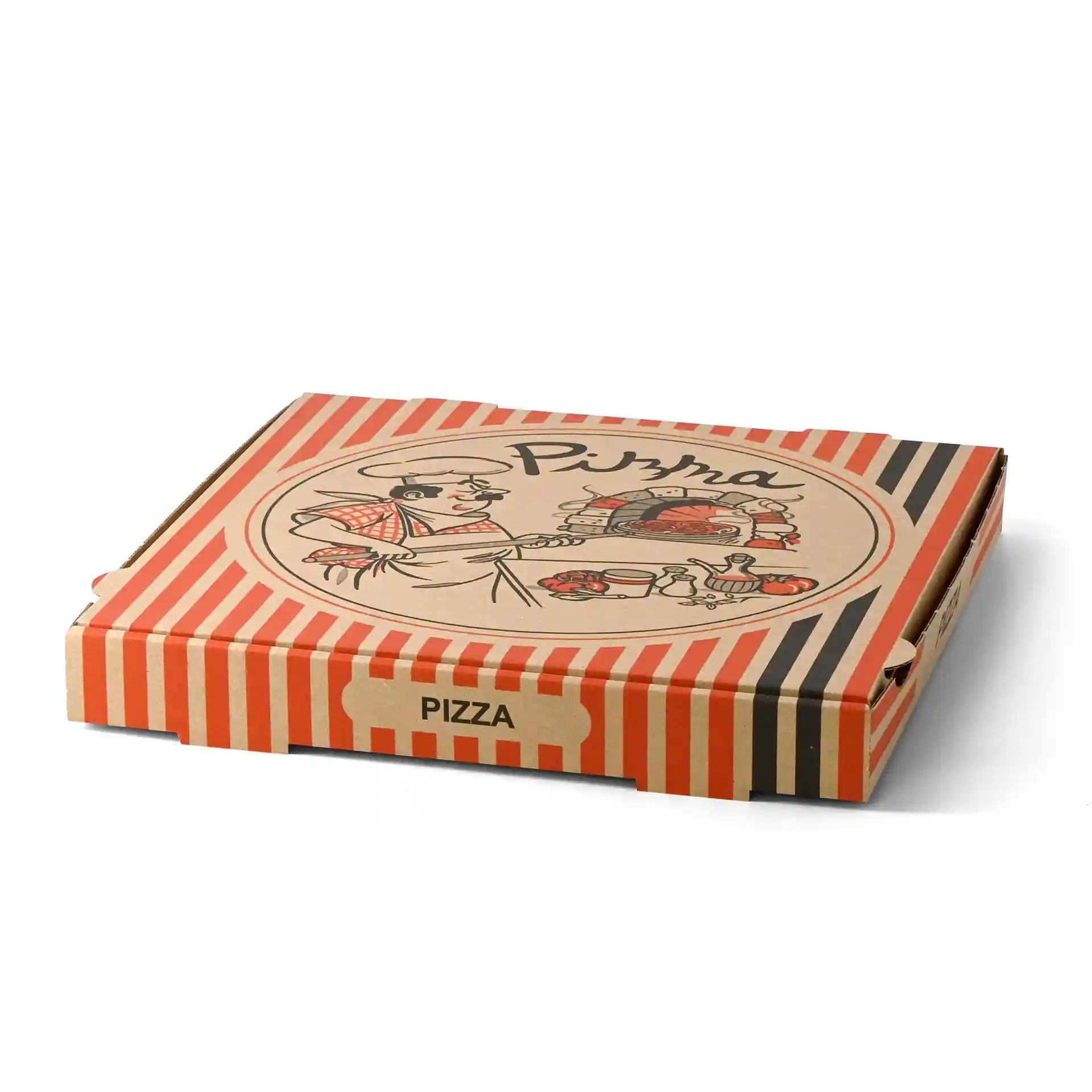 Pizza box with a brown design featuring a pizza chef, measuring 32 x 32 x 4 cm.
