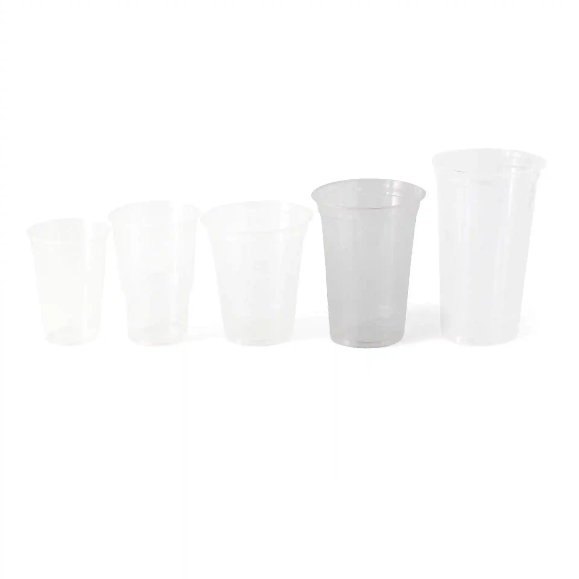 Set of five transparent plastic cups in varying sizes, arranged from smallest to largest.