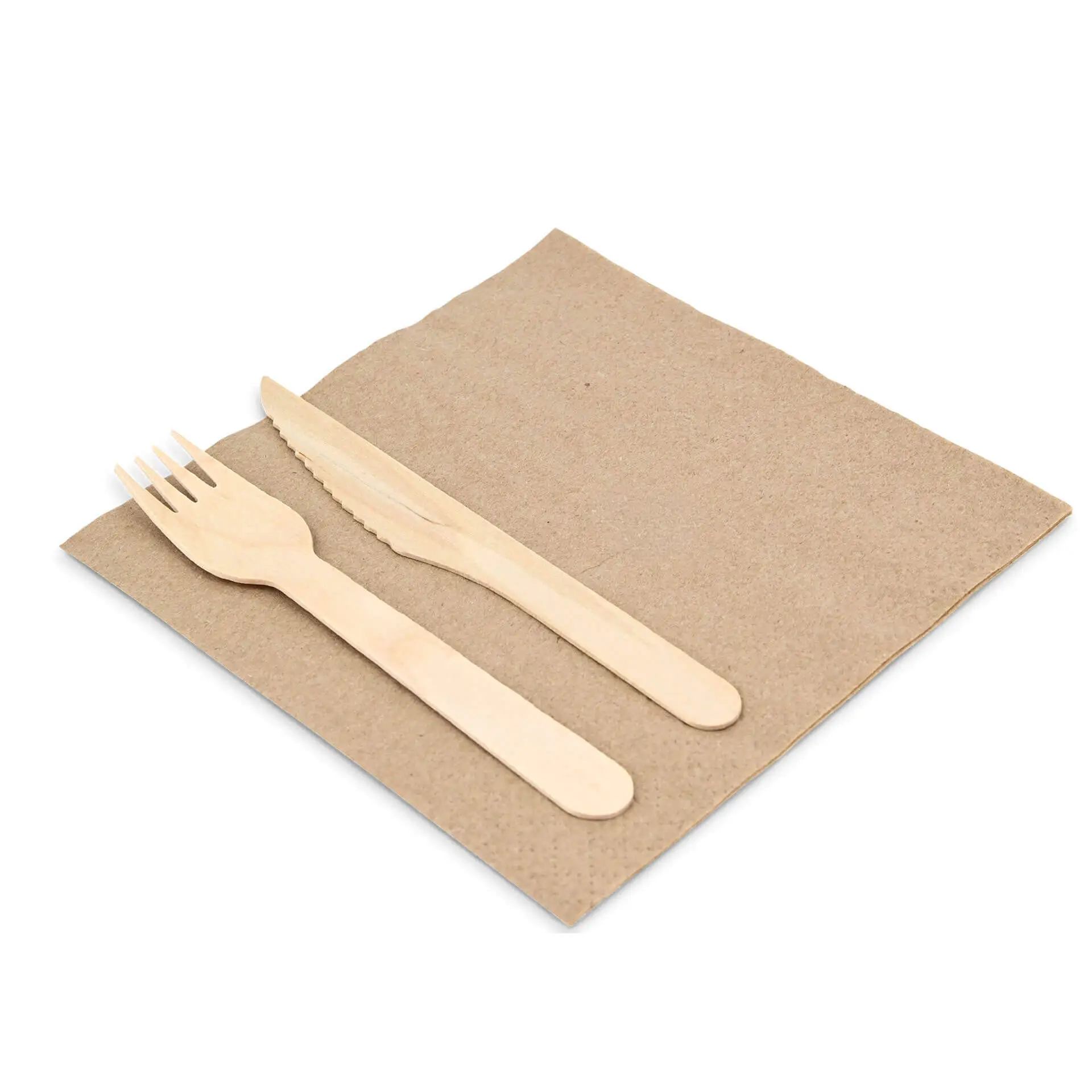 Set of wooden cutlery including a fork and knife on a square unbleached paper napkin.