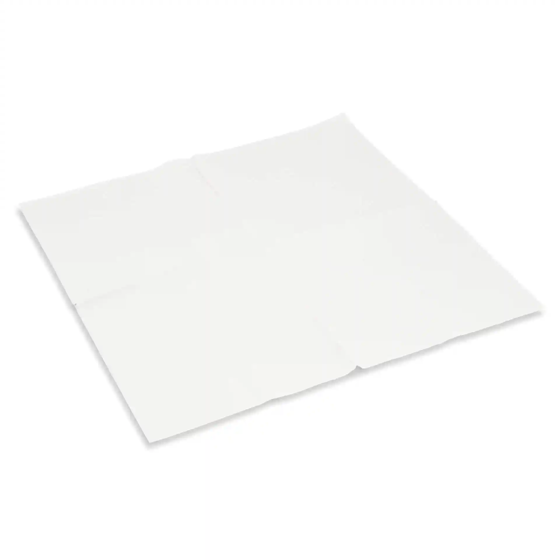 White, square, 2-ply recycled paper napkin, 33 x 33 cm, folded into quarters, with a recycling symbol printed.