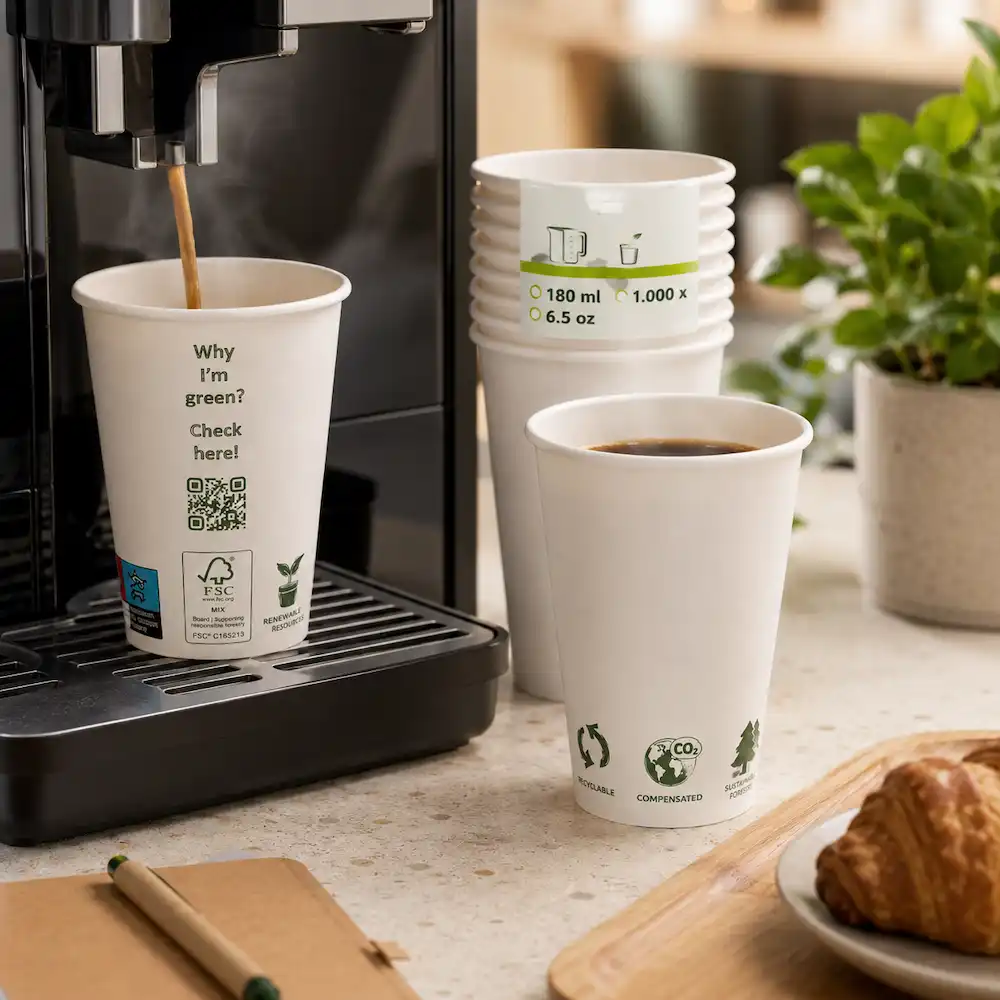 White disposable coffee cups next to a coffee machine with hot coffee being poured.
