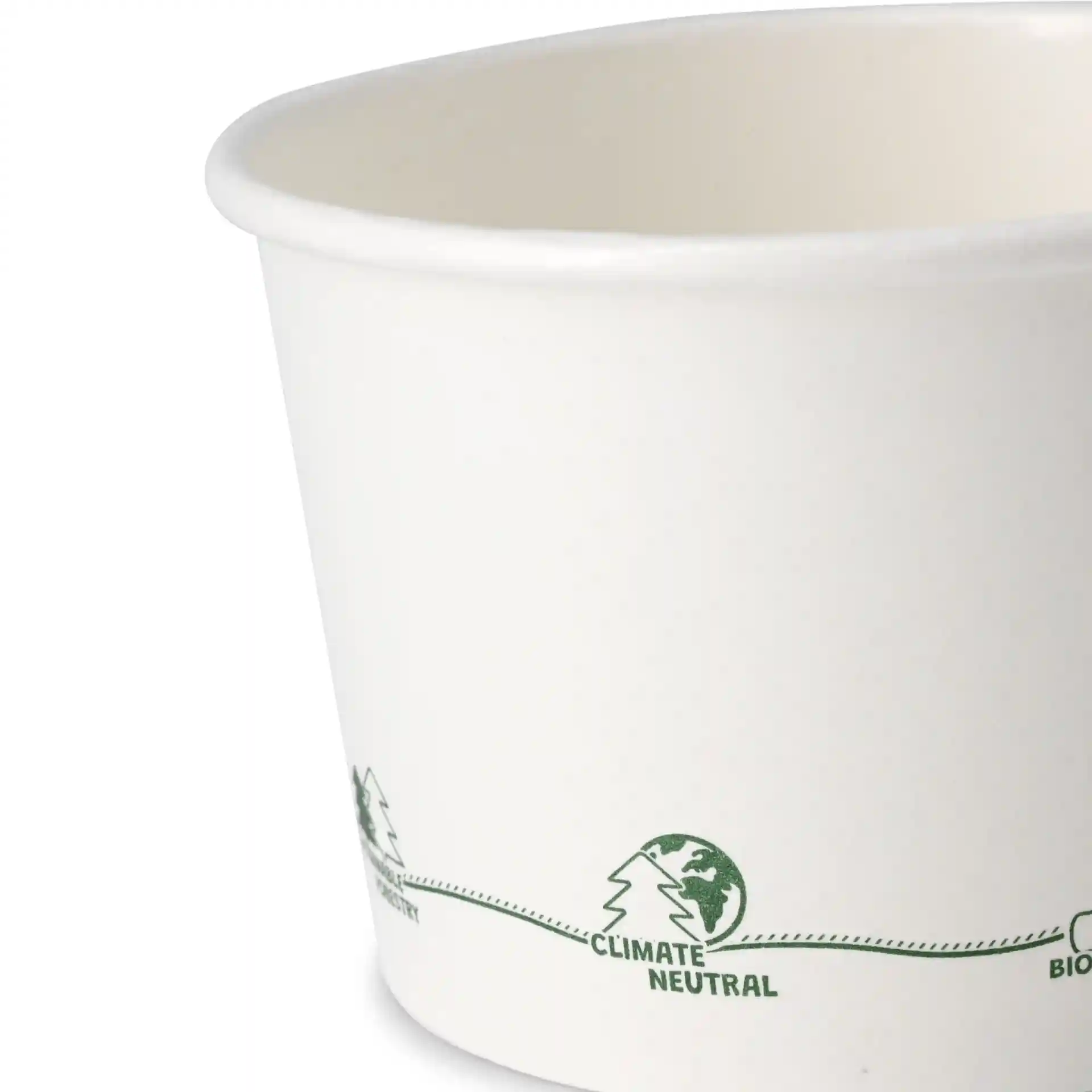 White cardboard soup cup with green printed icons, showing a round shape and an eco-friendly coating.