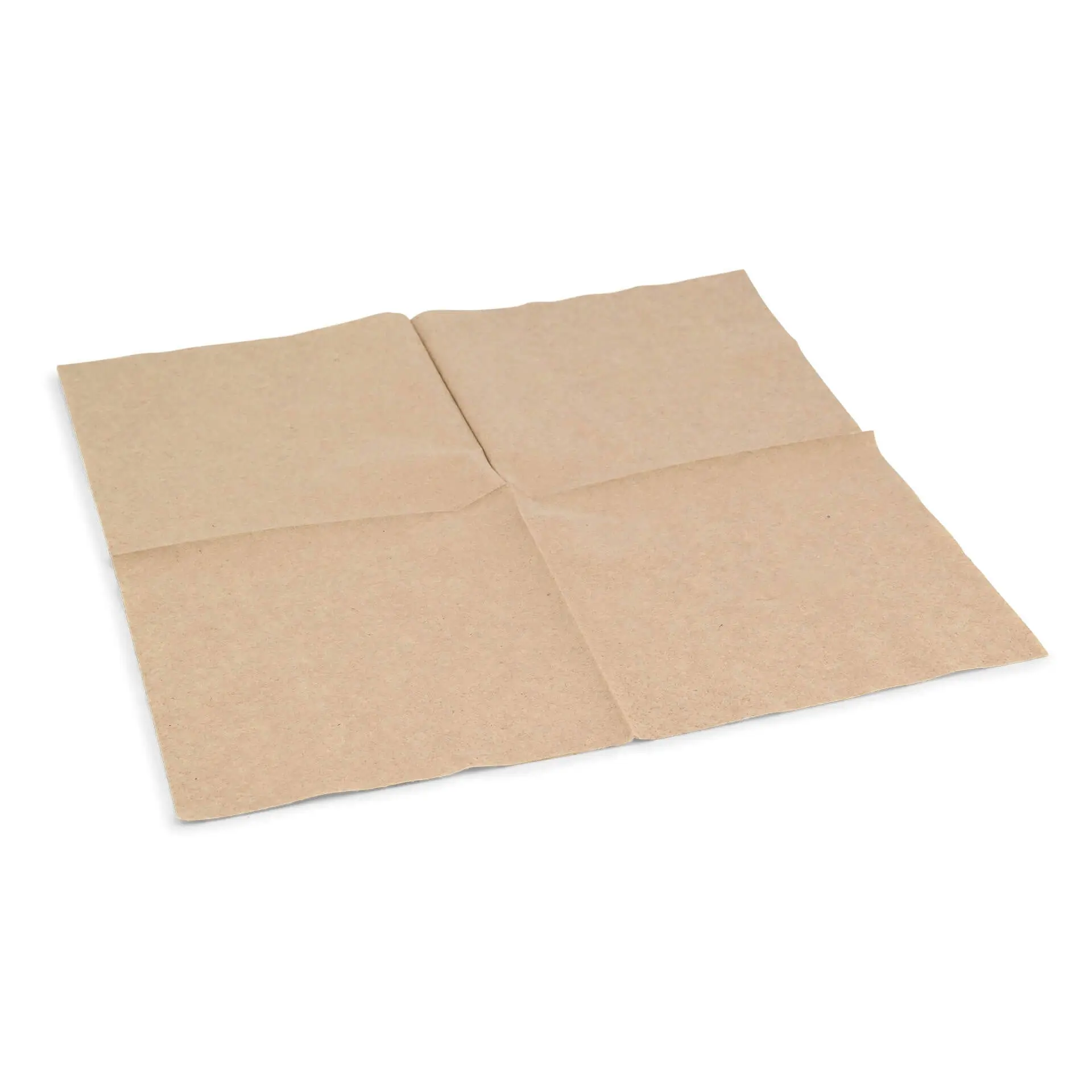 Square, unbleached paper napkin, 33 x 33 cm, 2-ply, quarter fold, with a recycling symbol printed on the surface.