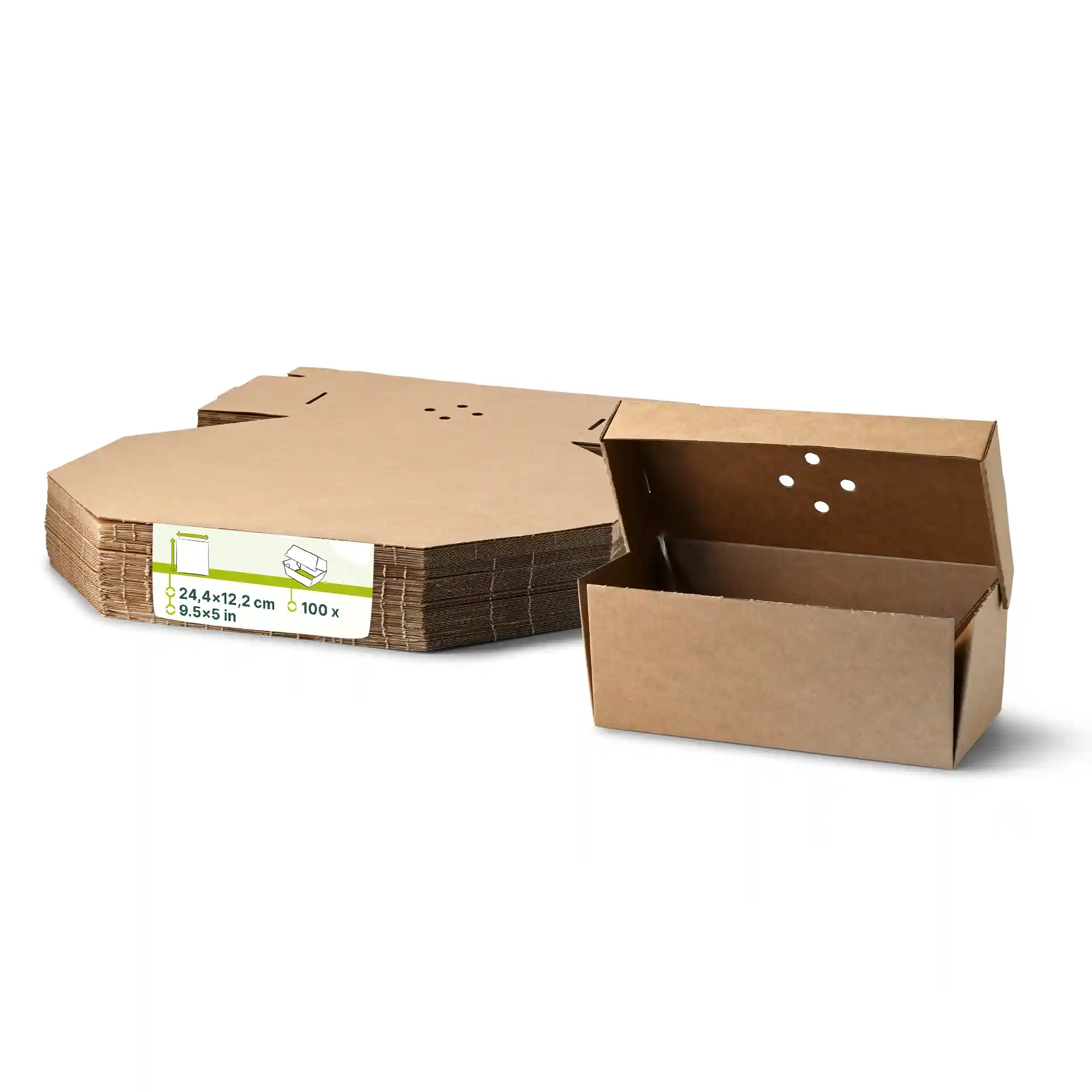 Stack of brown cardboard takeaway boxes with one box opened, showing holes on the lid. Dimensions are 24.4 x 12.2 x 10.2 cm.