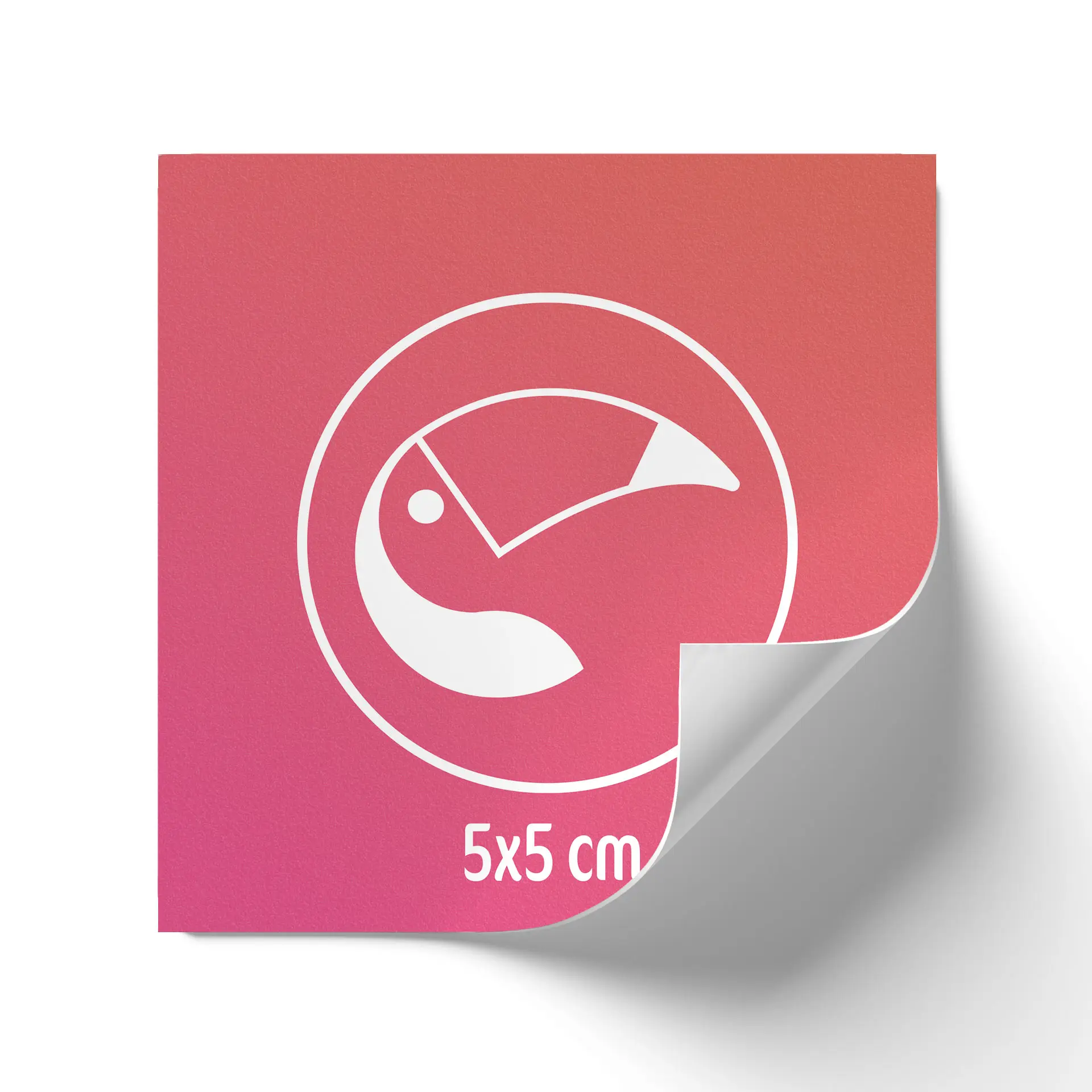 One pink square sticky note with a white toucan graphic and a corner slightly curled up; dimensions noted as 5x5 cm.