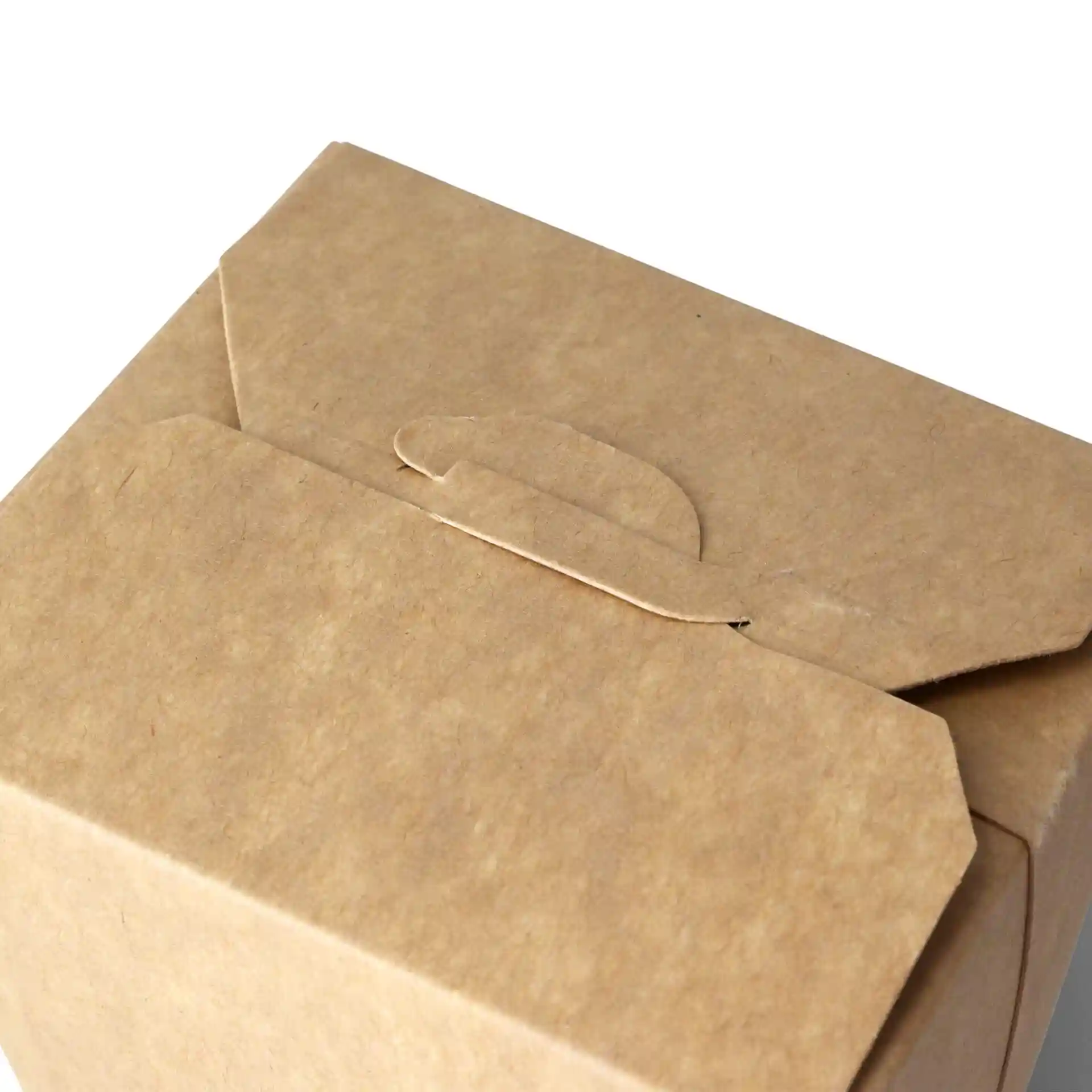 Top view of a brown cardboard noodle box with a flap closure.