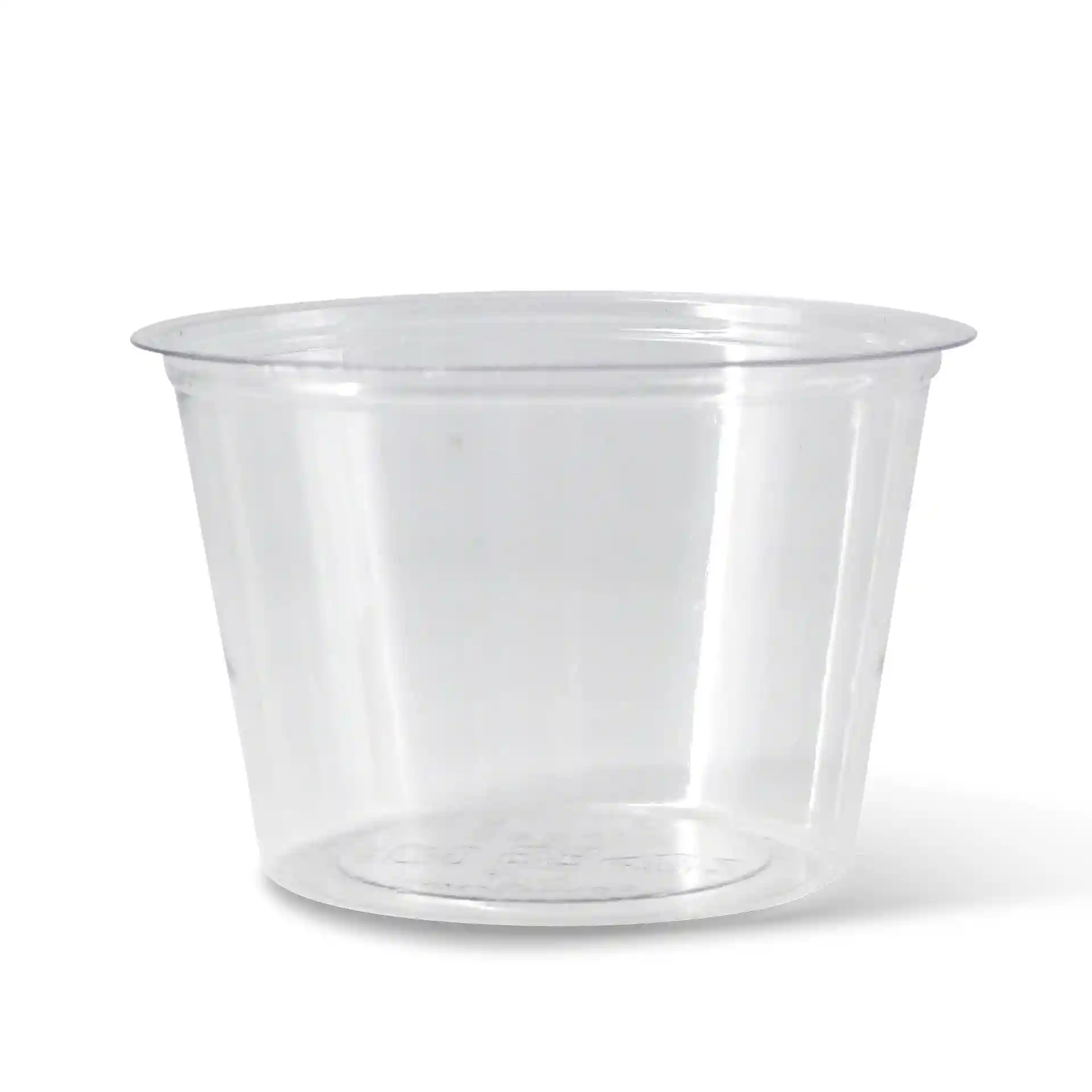 Clear round cup with a diameter of 70 mm and height of 47 mm, made from PLA material, holding 100 ml.