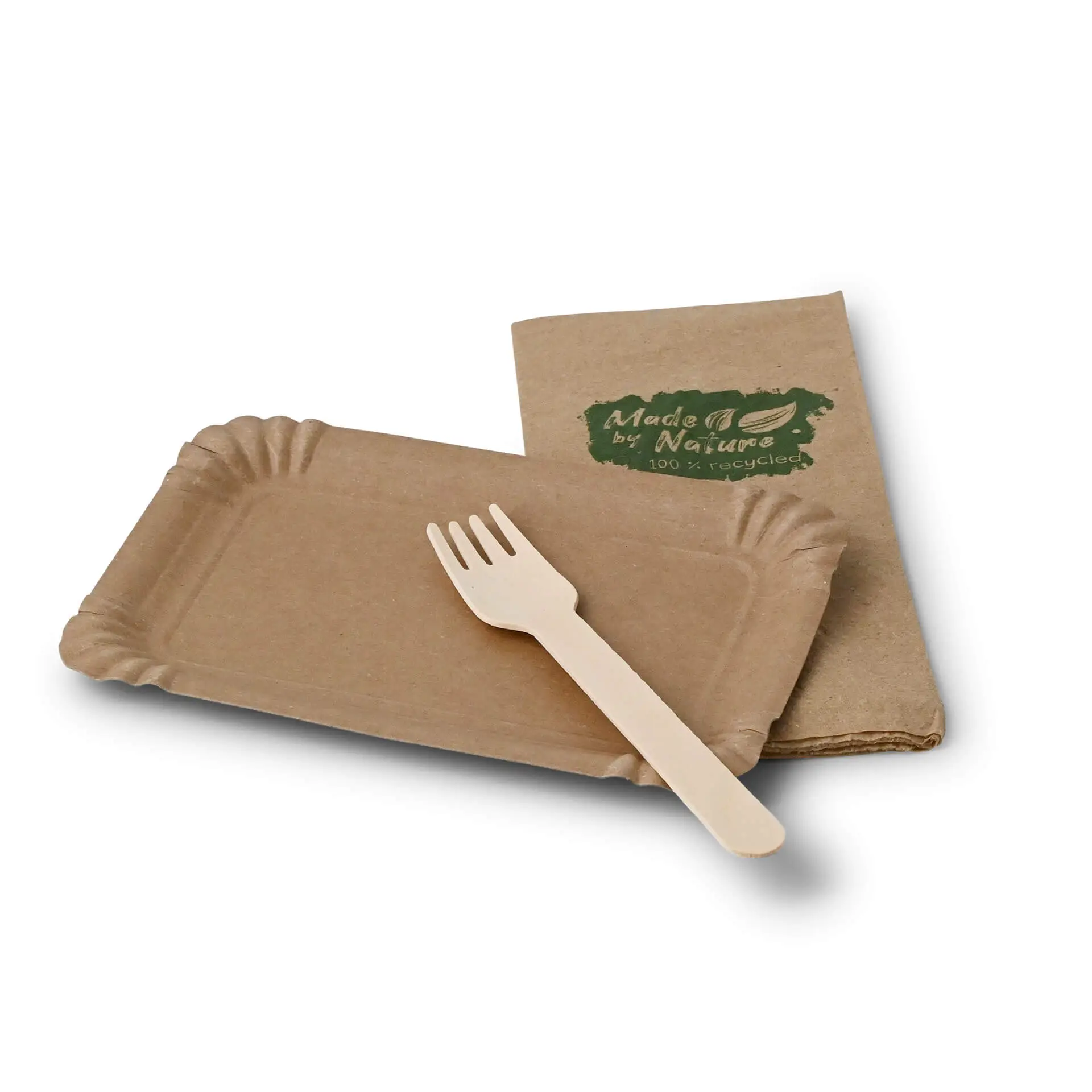 Brown rectangular cardboard plate with a small wooden fork and a napkin.