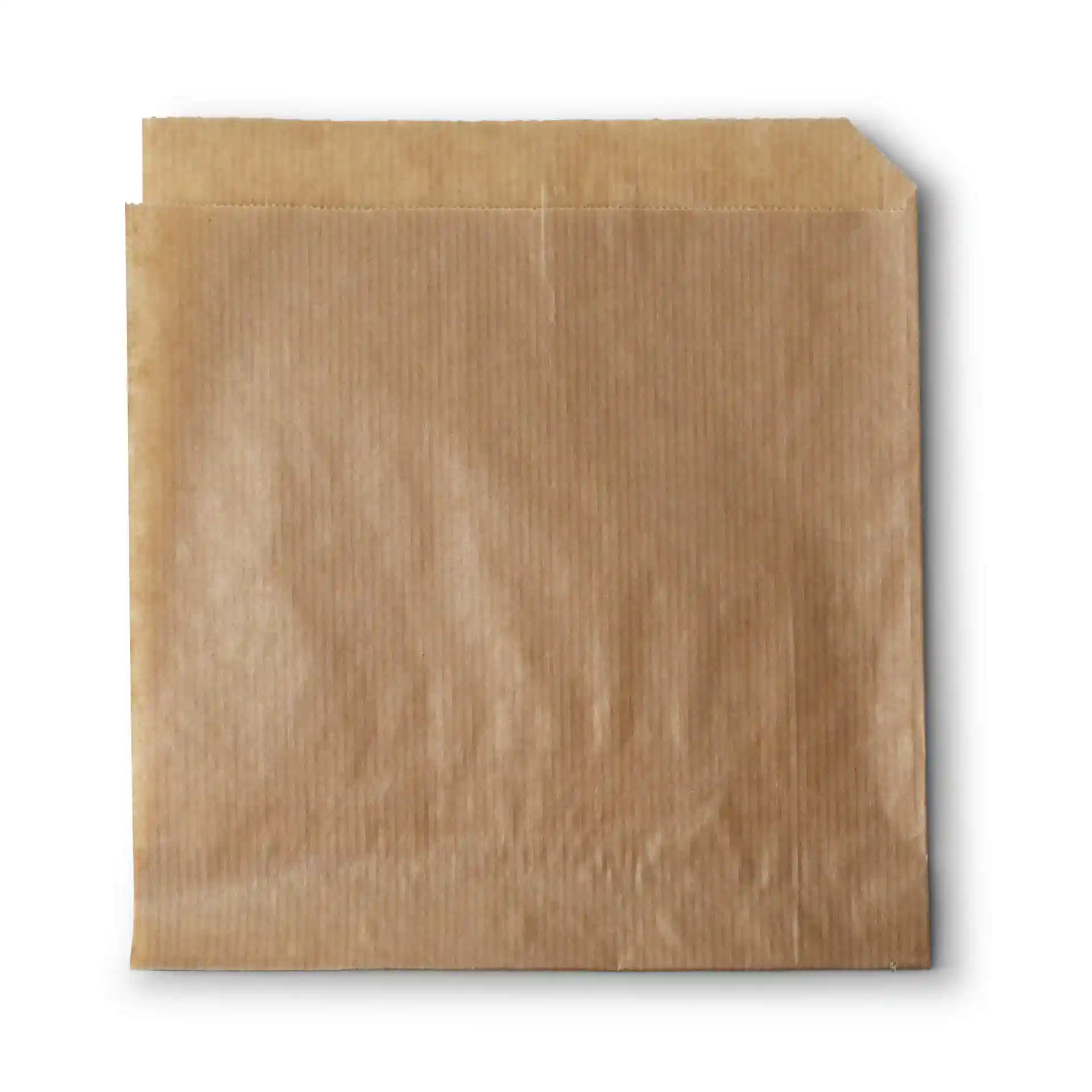 Brown paper snack bag, open on two sides, measuring 16 x 15 cm.