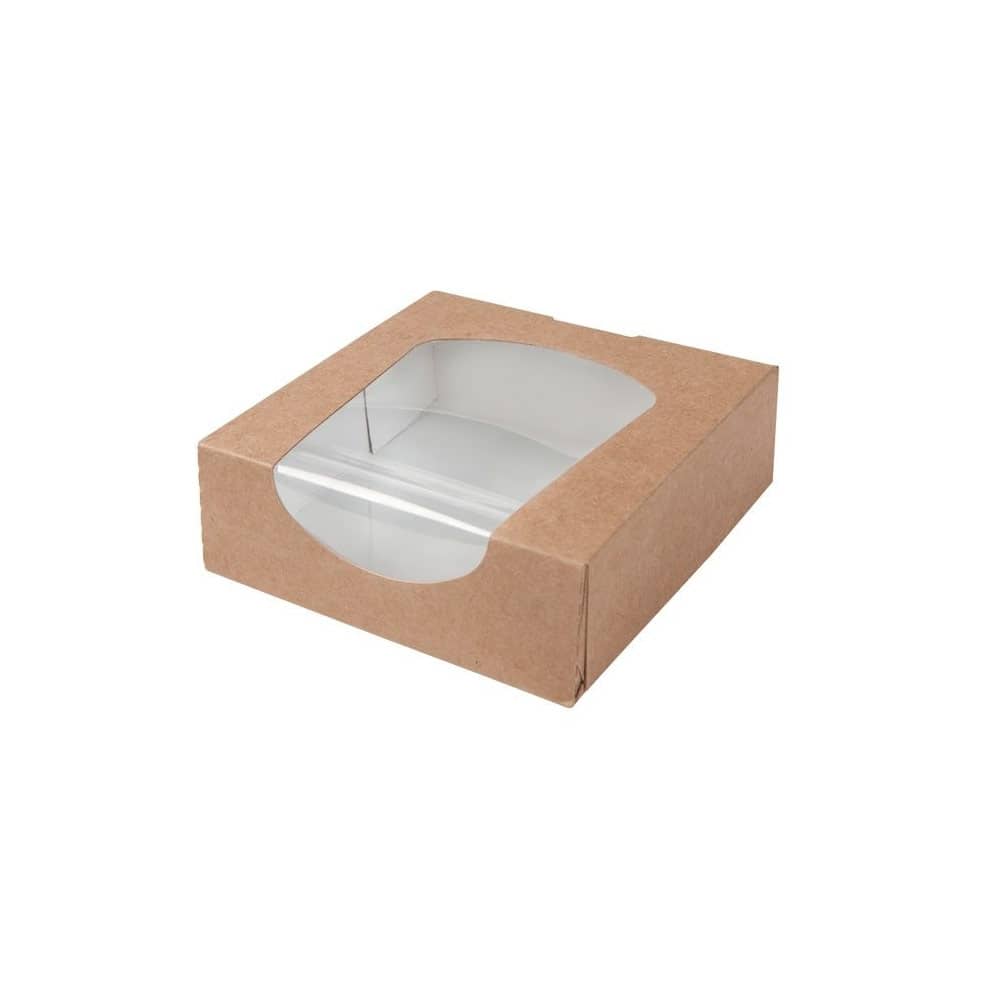 Karton-Sichtfenster-Schachteln 12 x 12 x 4 cm, 600 ml, PLA-Folie, braun, faltbar