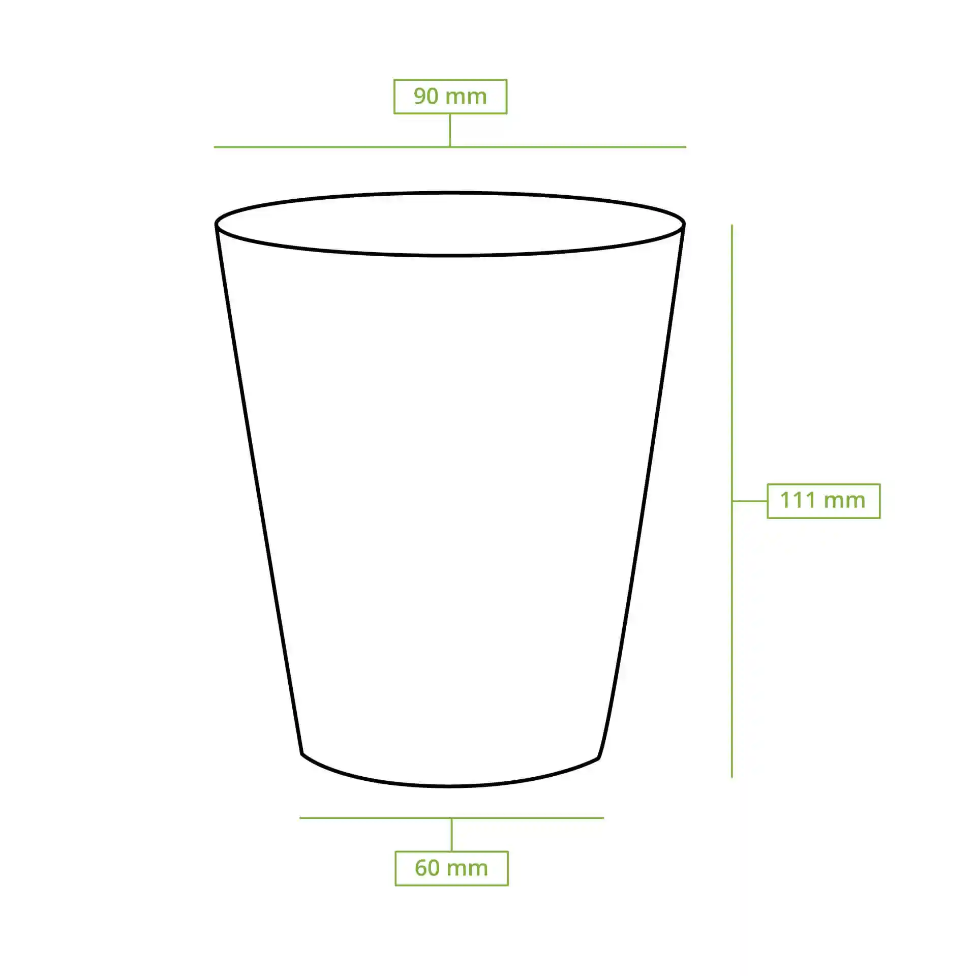 Schematic drawing of a double-walled coffee cup with dimensions: 90 mm top diameter, 111 mm height, and 60 mm bottom diameter.