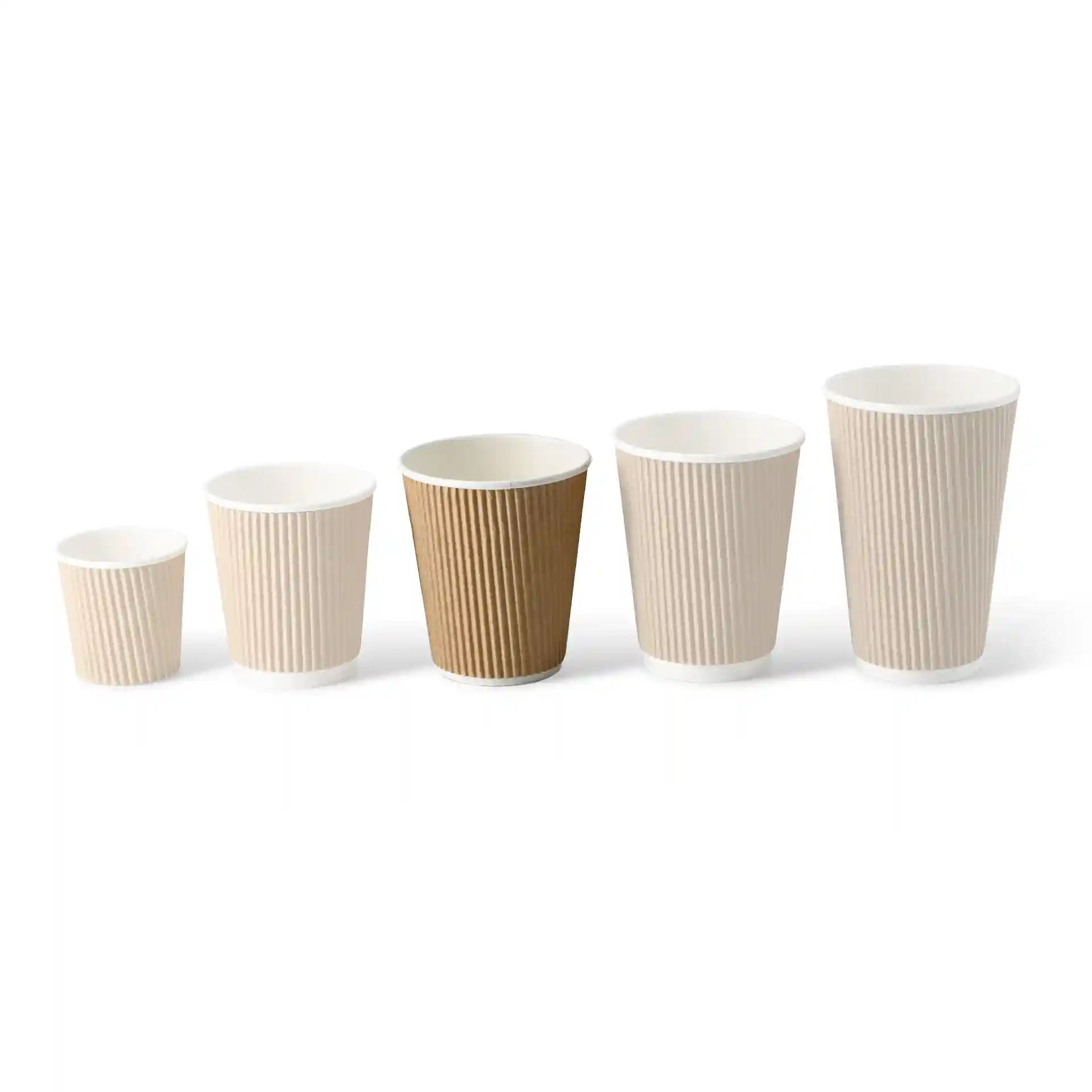 Image of five round ripple cups in varying sizes, including one brown cup and four white cups.