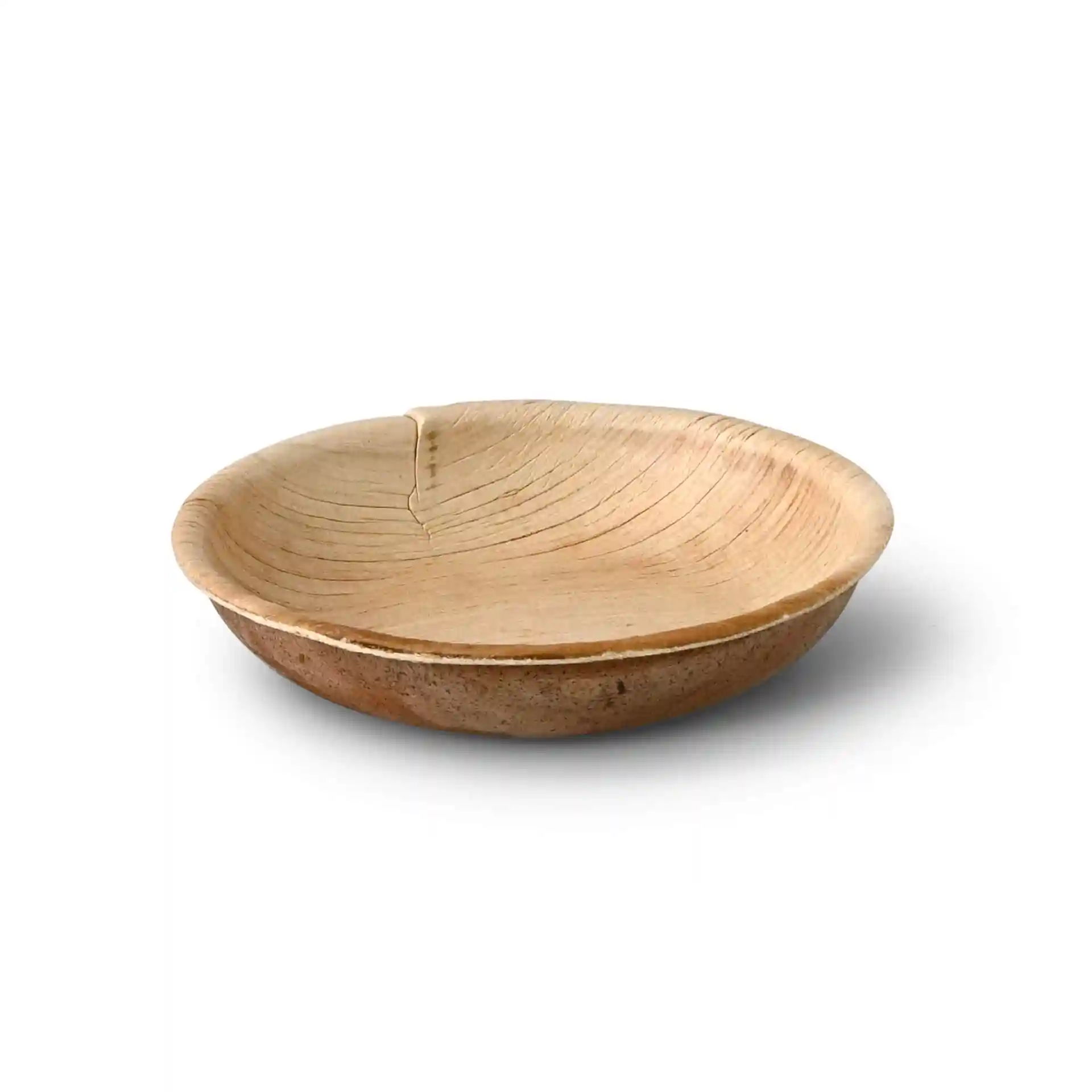 Round palm leaf bowl with a grain finish, measuring 100 mm in diameter and 20 mm in height.
