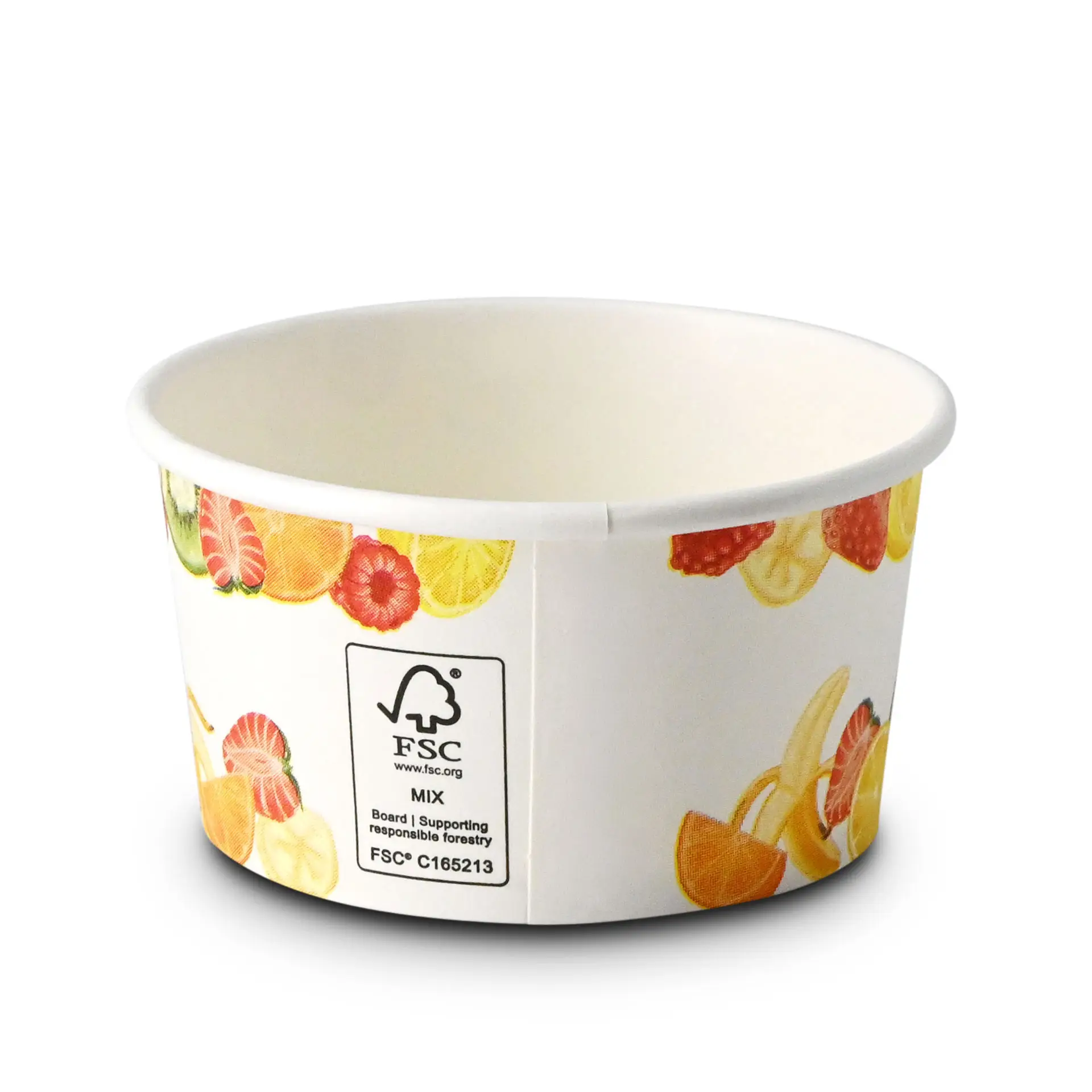 One fruit-printed paper ice cream cup; suitable for hot and cold foods, with an FSC certification label visible.