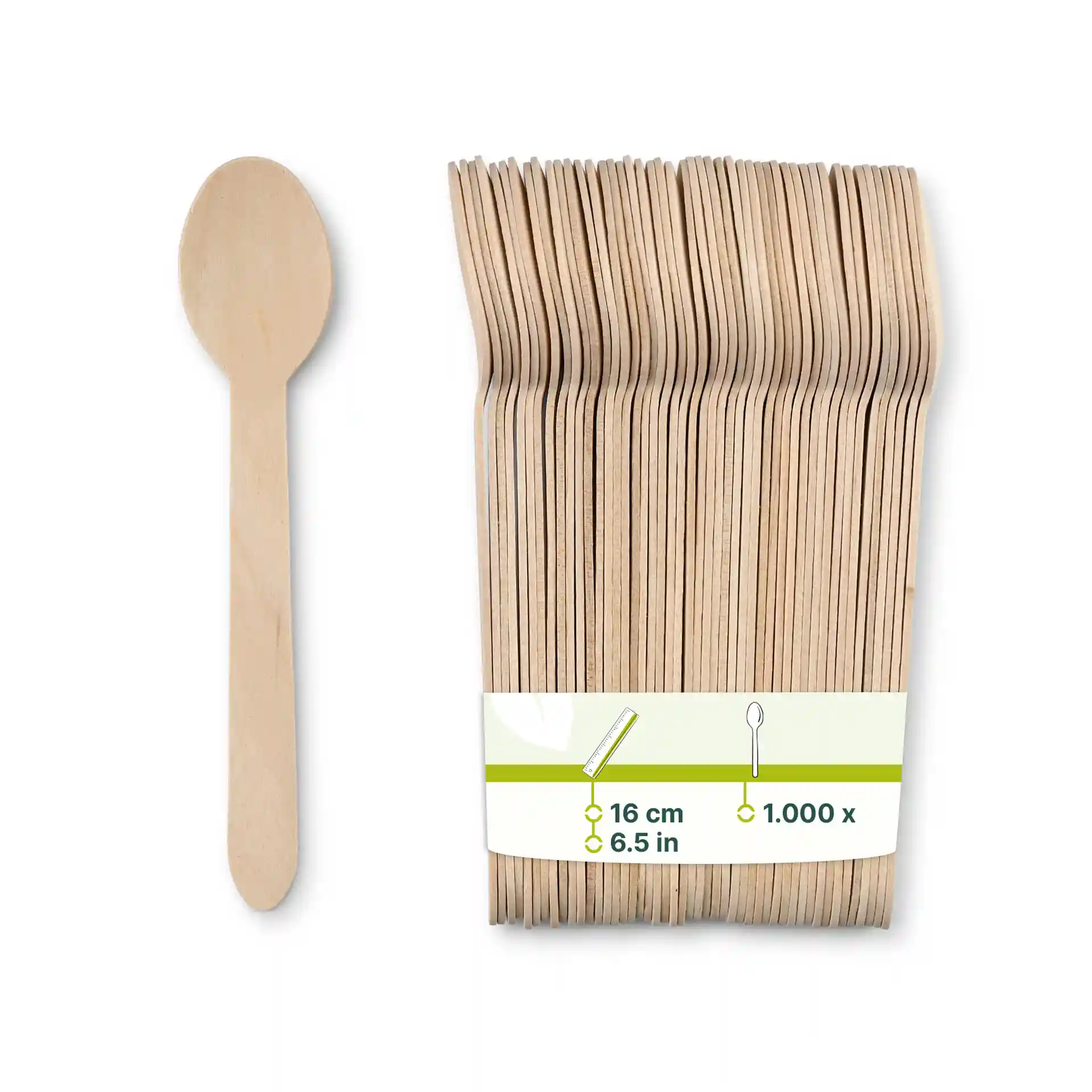 Wooden spoons in a pack, measuring 16 cm, with a brown color and bio-coated finish, displayed next to the bundle.