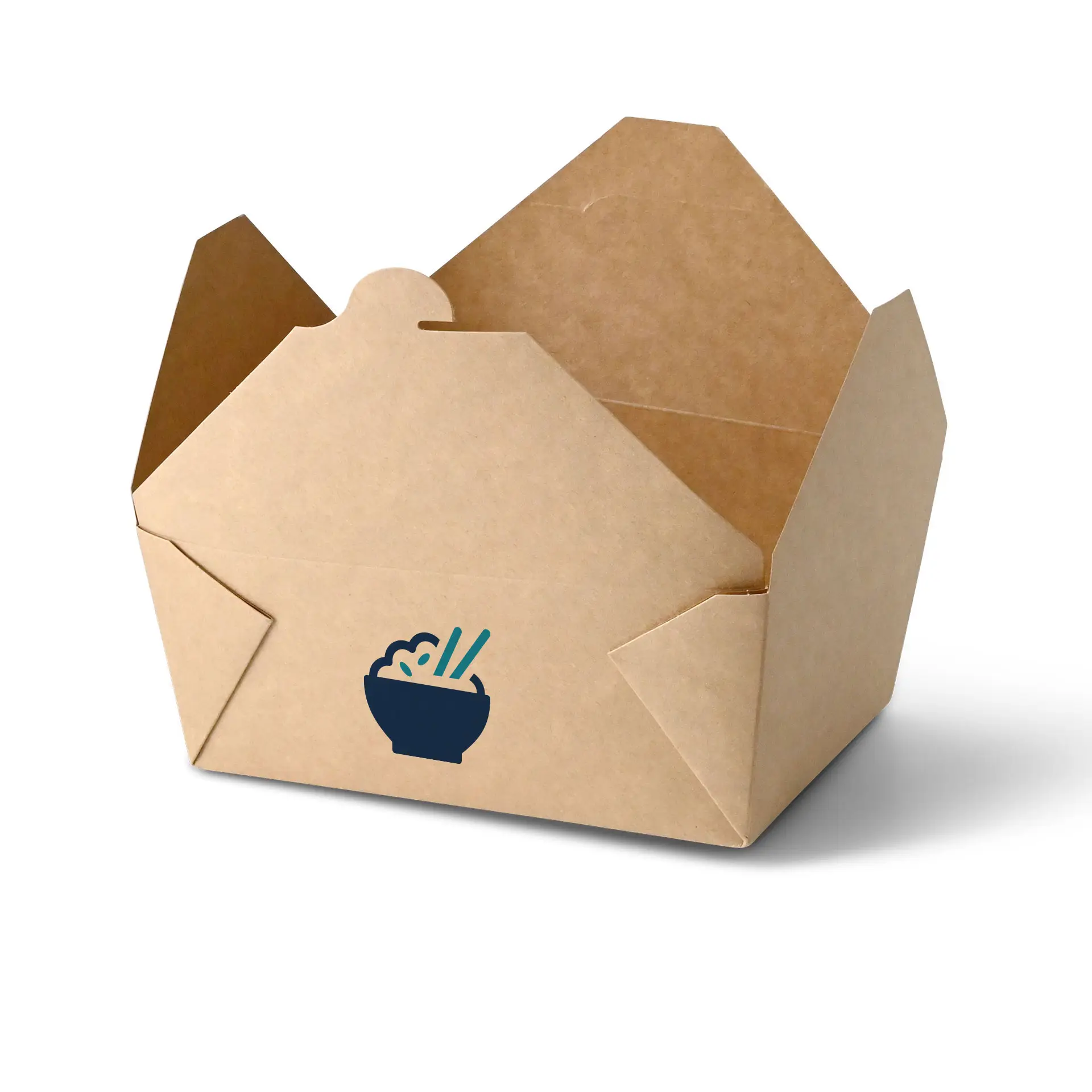 Takeaway box with a custom printed logo, made of sturdy cardboard, ideal for hot and greasy food.