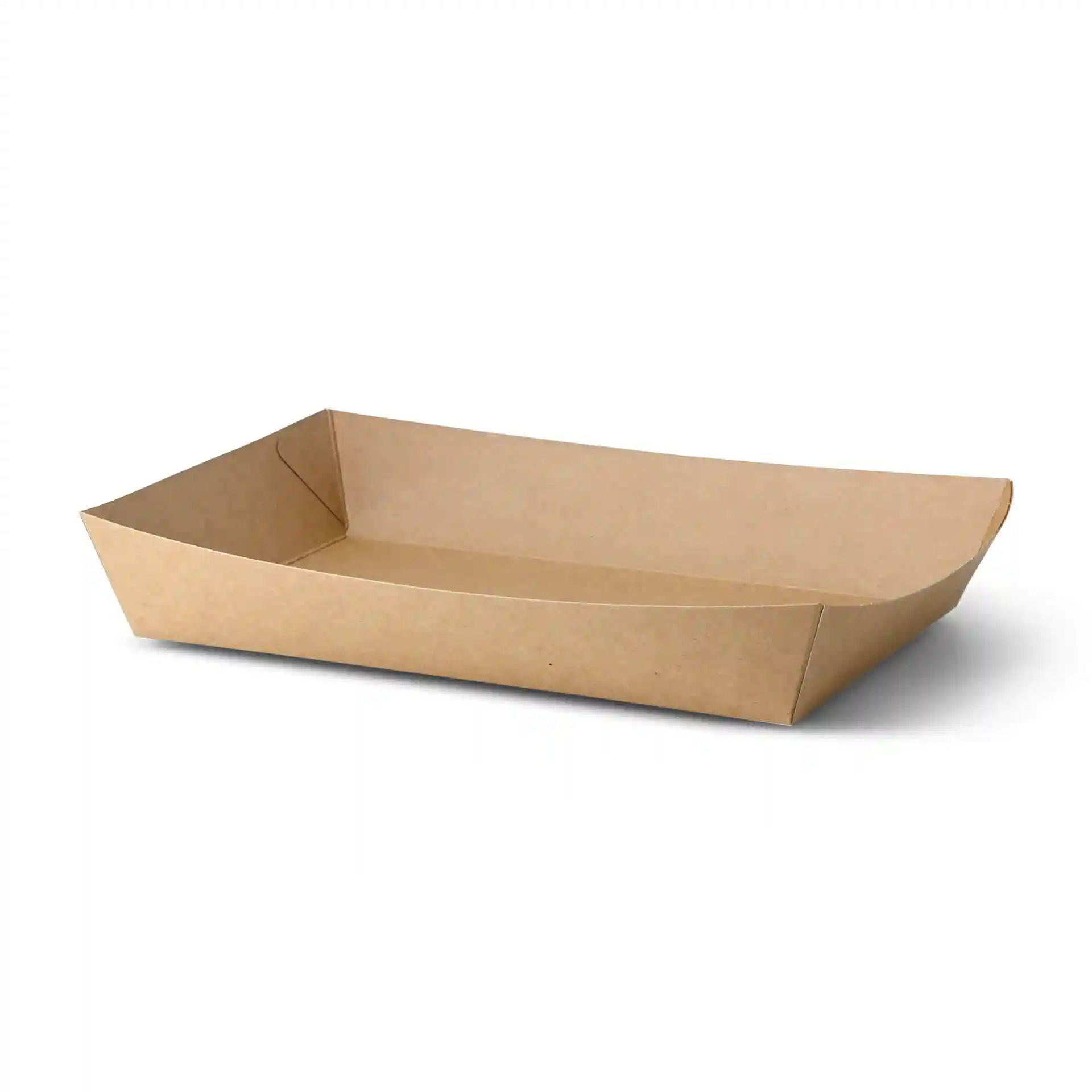 Brown rectangular cardboard tray, measuring 27 x 20 x 3.5 cm, with a smooth surface and folded edges.