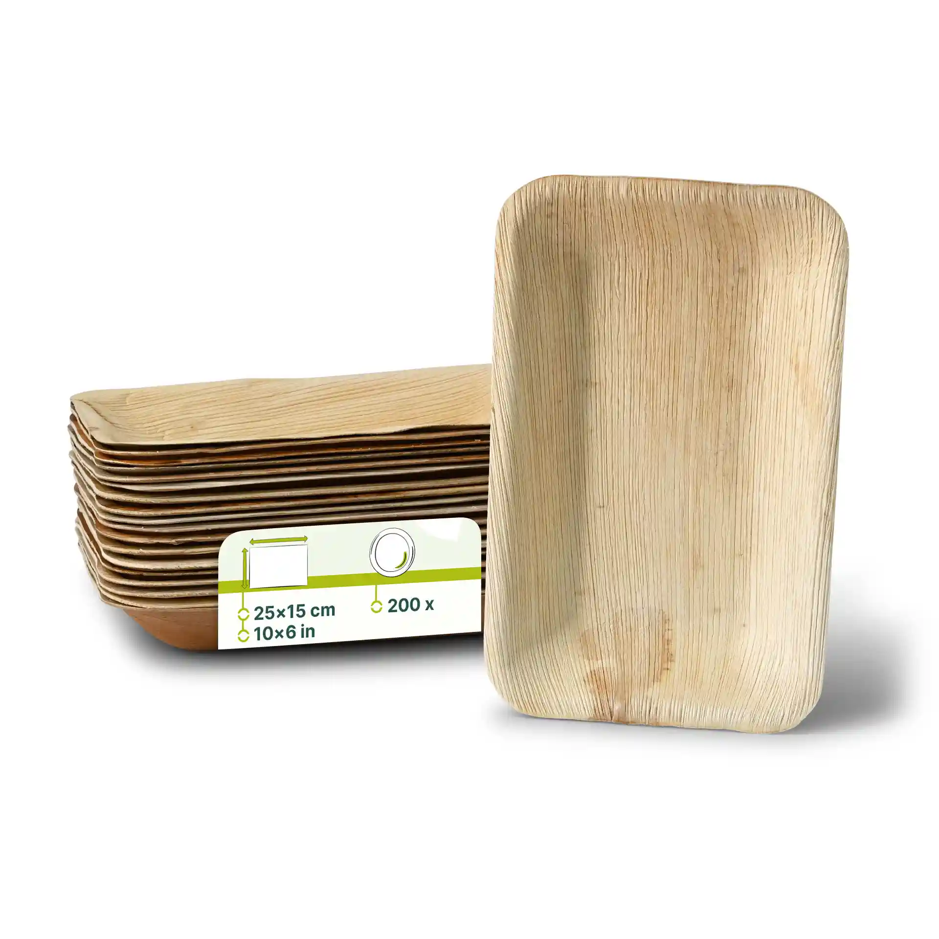 Stack of palm leaf plates in a rectangular shape, with one plate upright showing a grain texture.