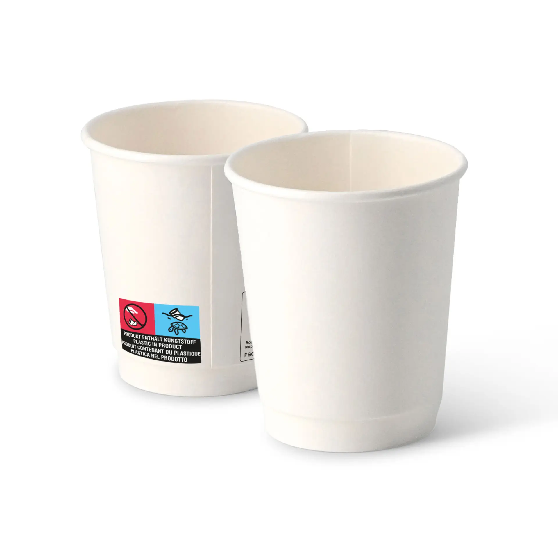 Two double-walled 8 oz take away coffee cups with a brown exterior and white interior, suitable for hot and cold beverages.