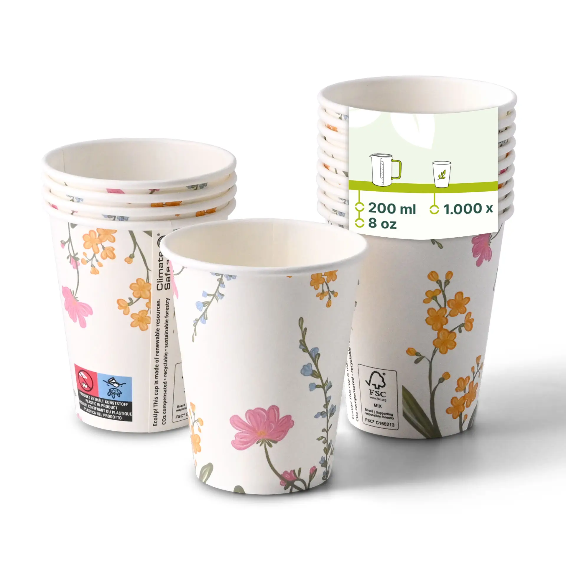 8 oz Paper cup printed with "Spring" (coated), Ø 80 mm, white con10035-01-0-pappbecher-bedruckt-fruehling-beschichtet-200-ml-8-oz-80-mm-weiss