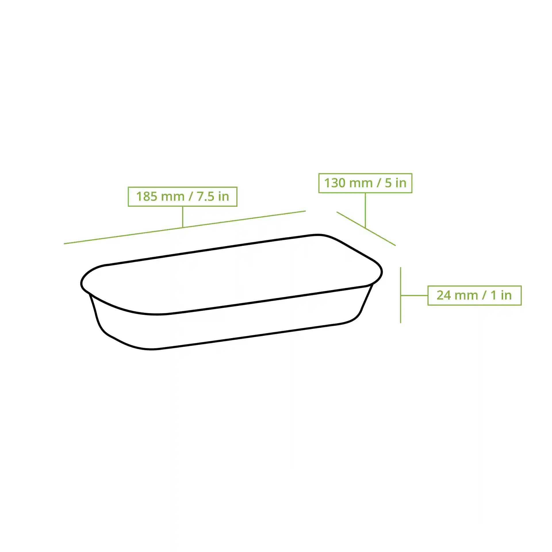 Schematic drawing of a rectangular sushi box with dimensions labeled: 185 mm length, 130 mm width, and 24 mm height.