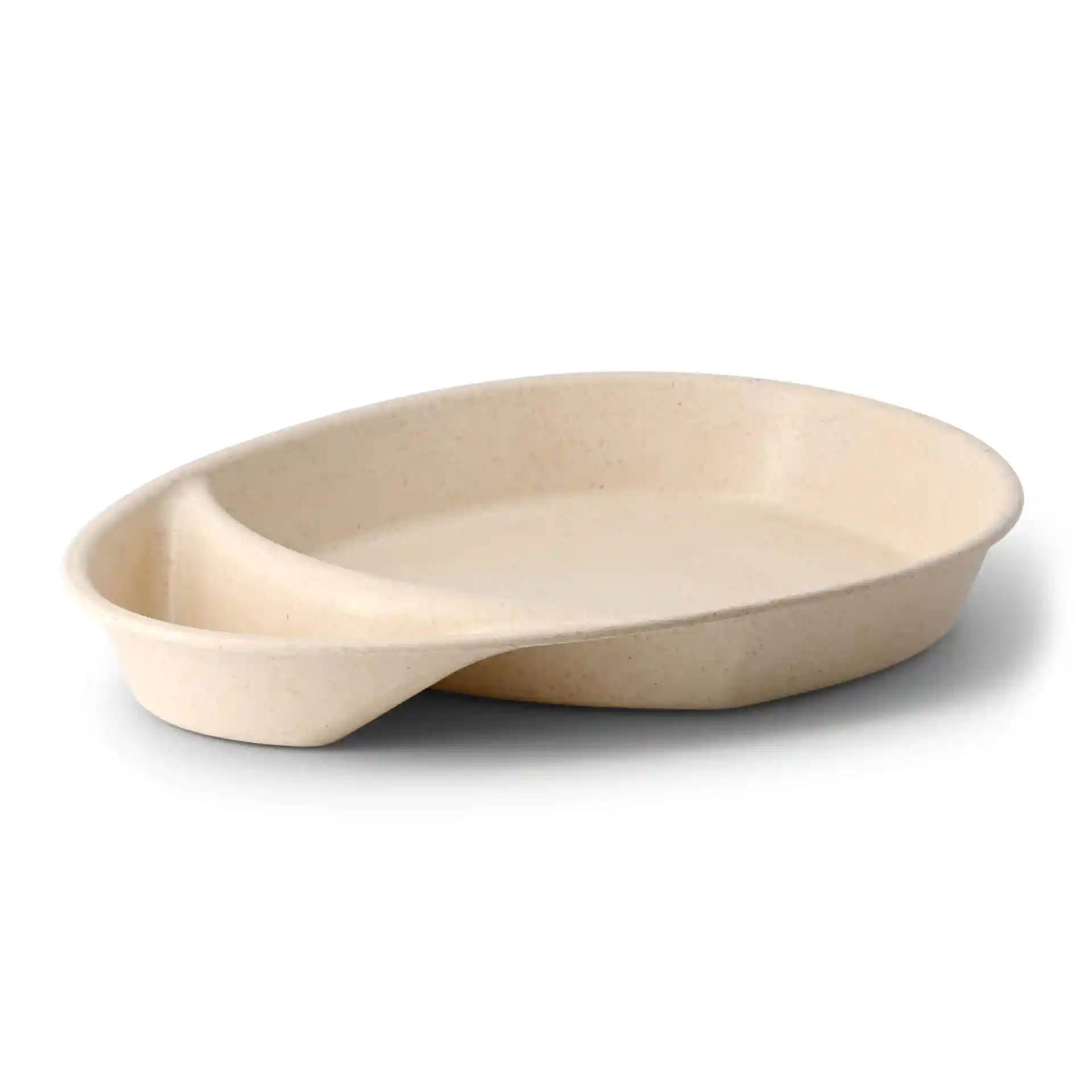 Creamy white divided plate with two compartments, teardrop shape, measuring 27.5 × 20 × 3.5 cm.