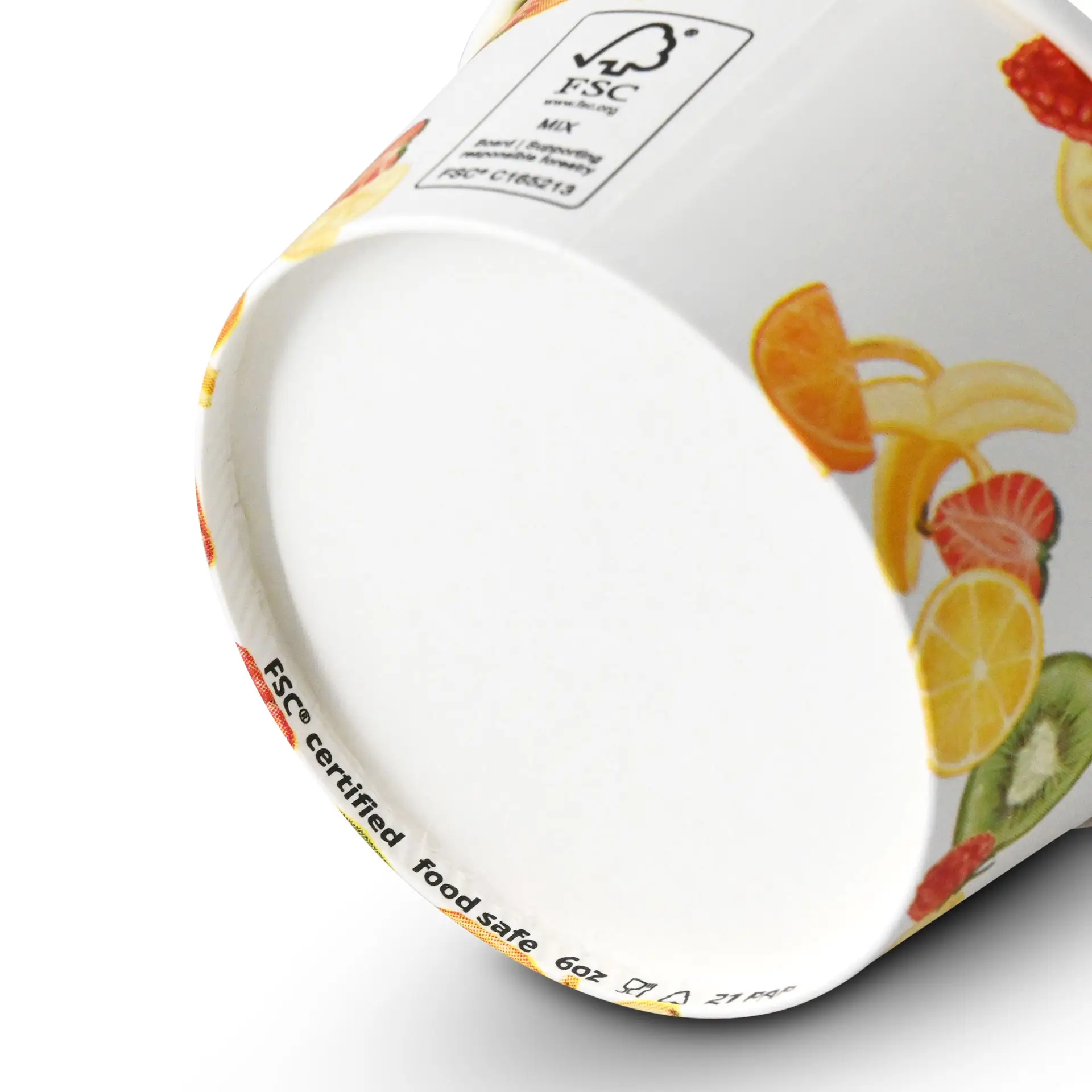 One fruit-printed paper ice cream cup, 6 oz size, viewed from the top; features a coating for hot and cold foods.