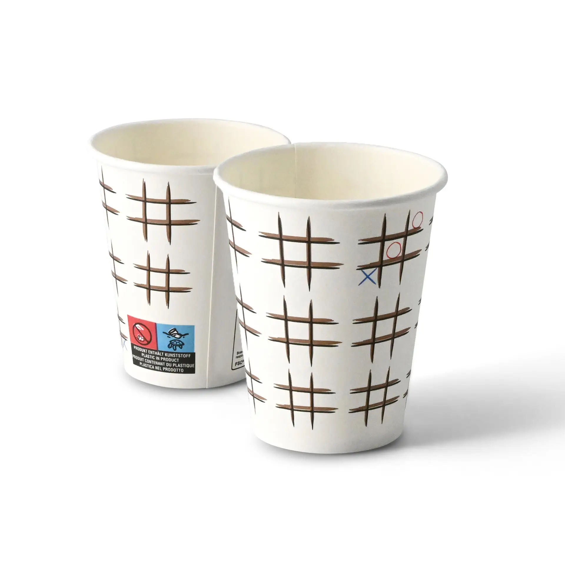 One white paper cup with a Tic Tac Toe print; another similar cup is partially visible in the background.